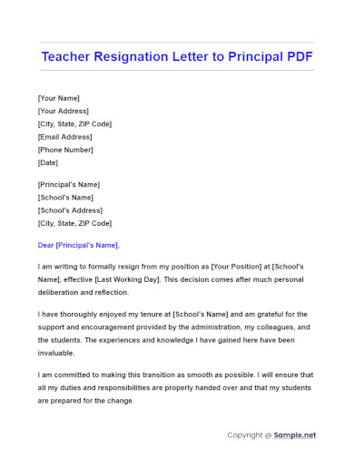Teacher Resignation Letter to Principal PDF