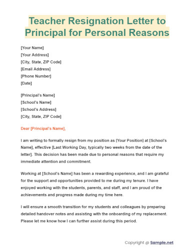 Teacher Resignation Letter to Principal for Personal Reasons