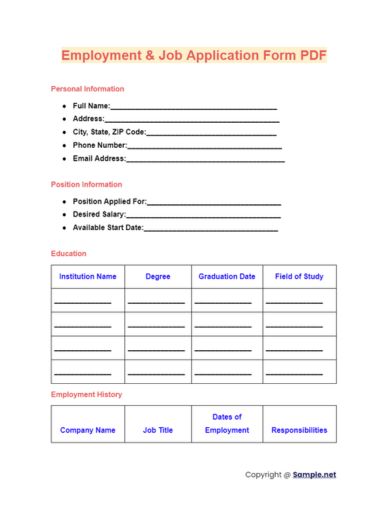 Employment Job Application Form PDF