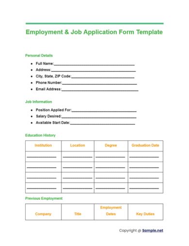 Employment Job Application Form Template