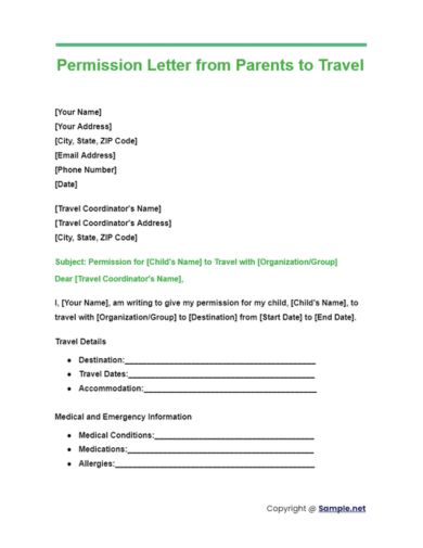 Permission Letter from Parents to Travel