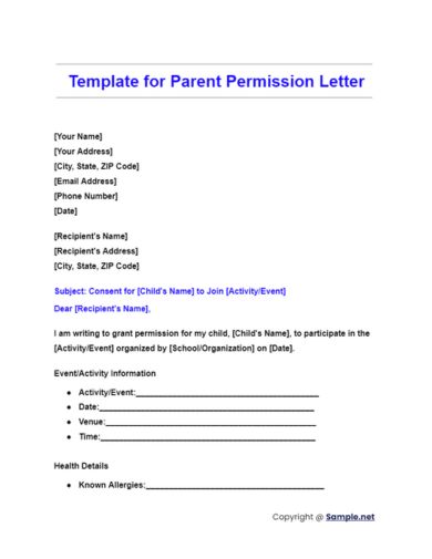 Template for Parent Permission Letter