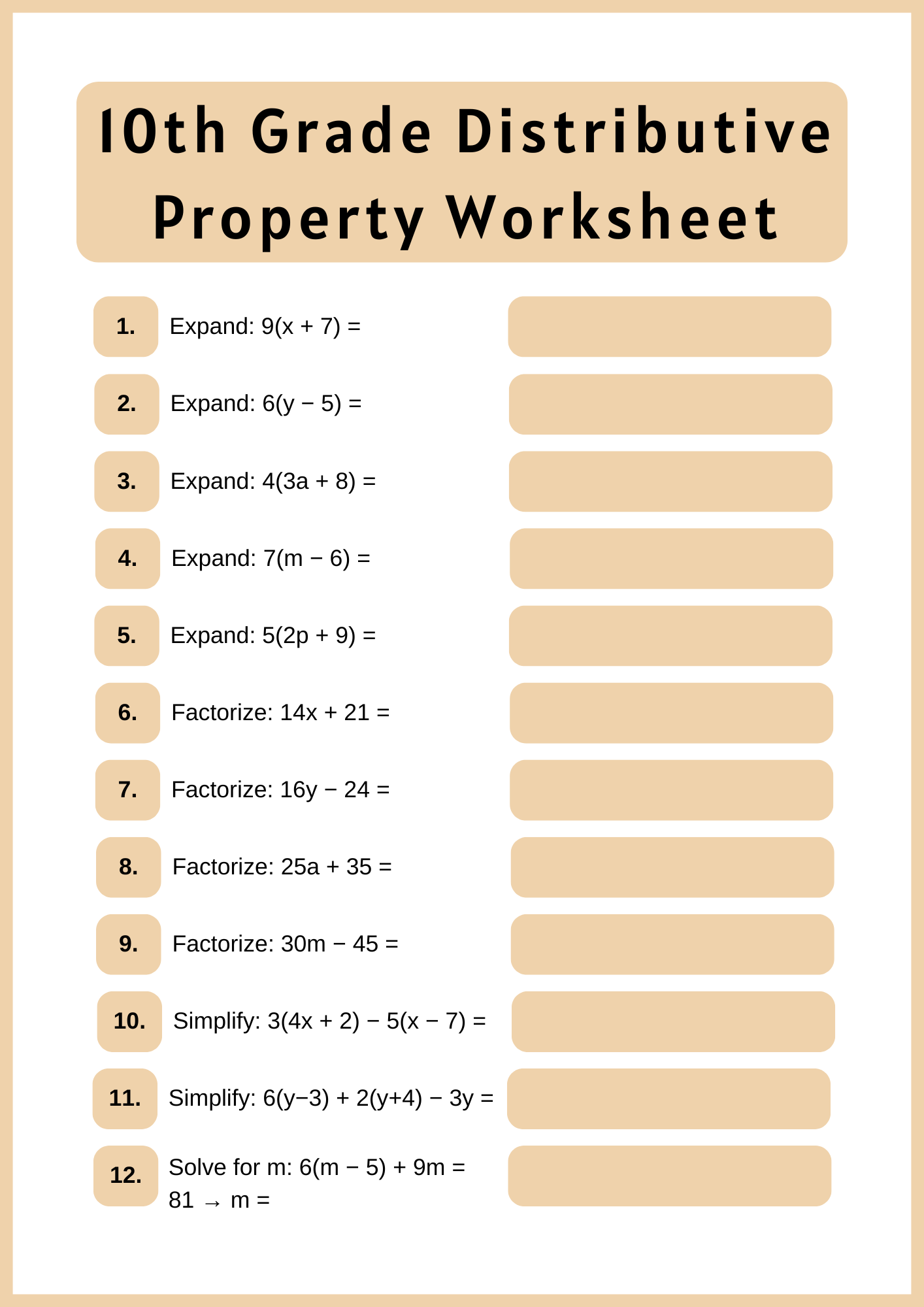 10th Grade Distributive Property Worksheet