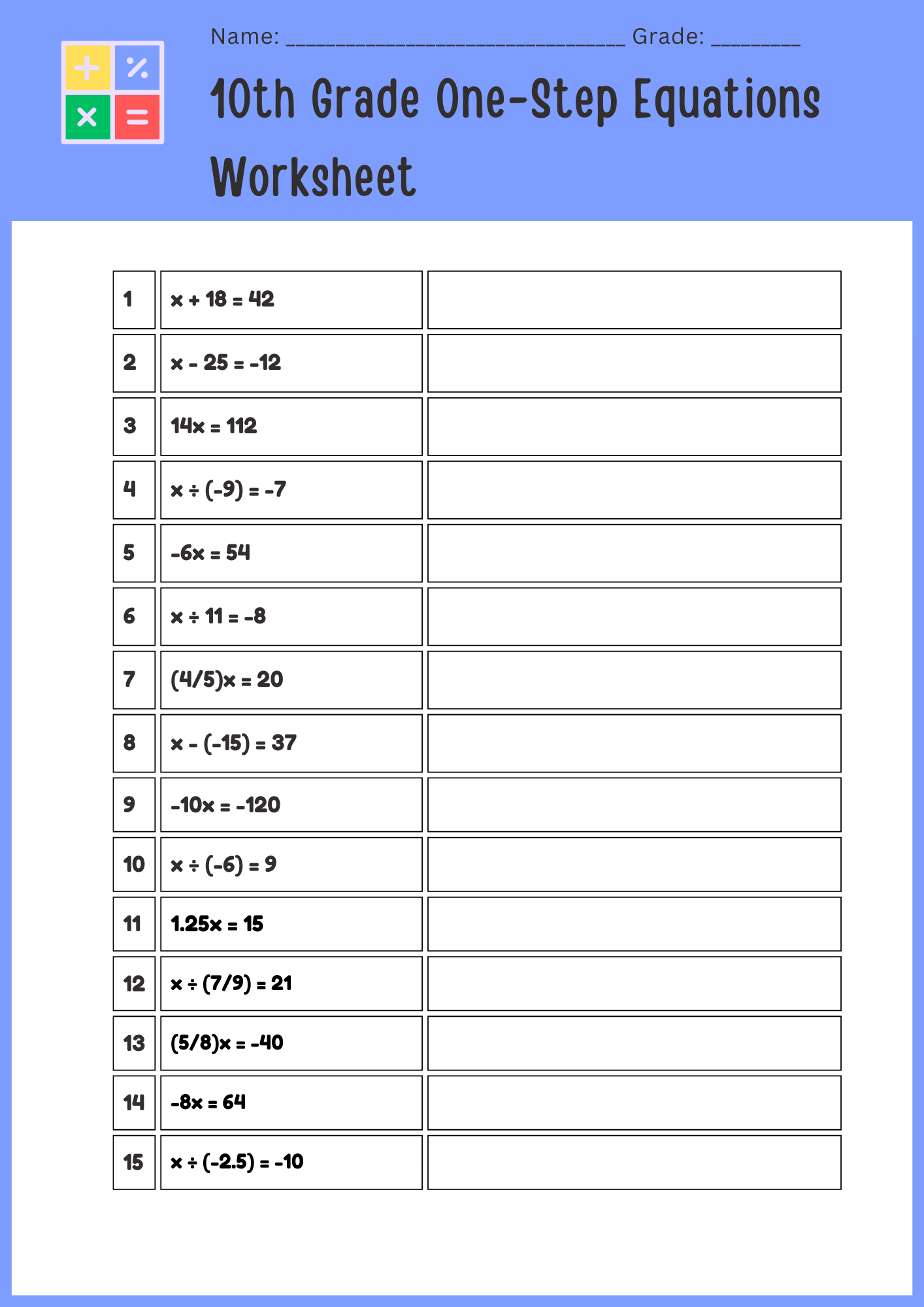 10th Grade One Step Equations Worksheet