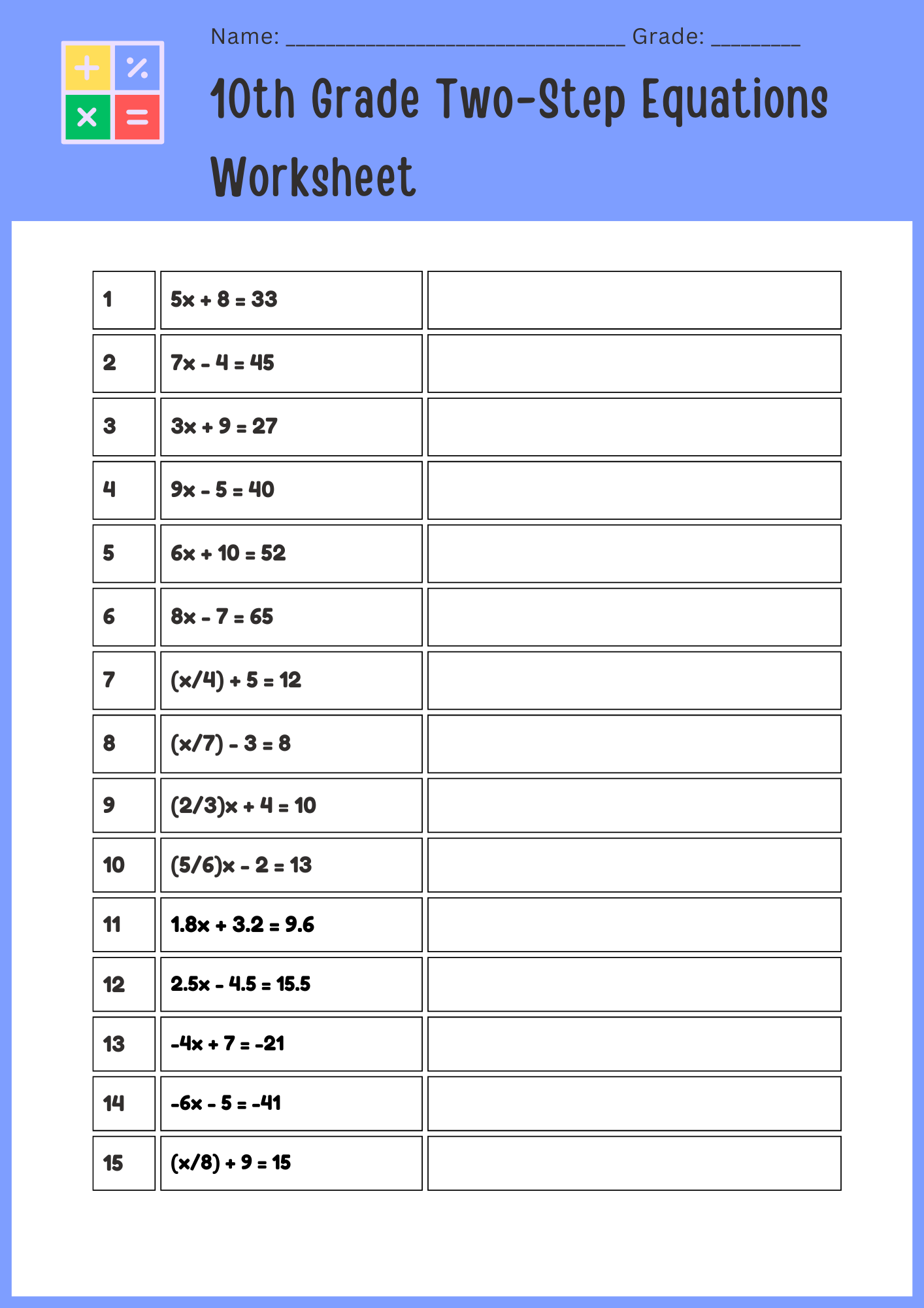 10th Grade Two Step Equations Worksheet