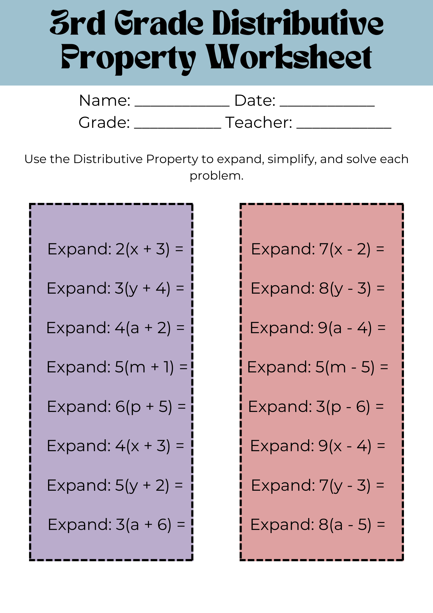 3rd Grade Distributive Property Worksheet