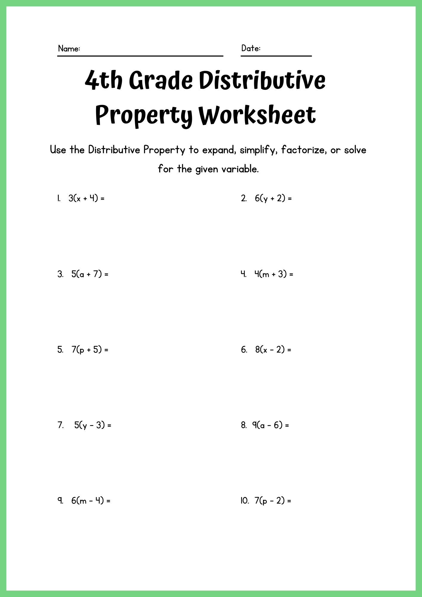 4th Grade Distributive Property Worksheet