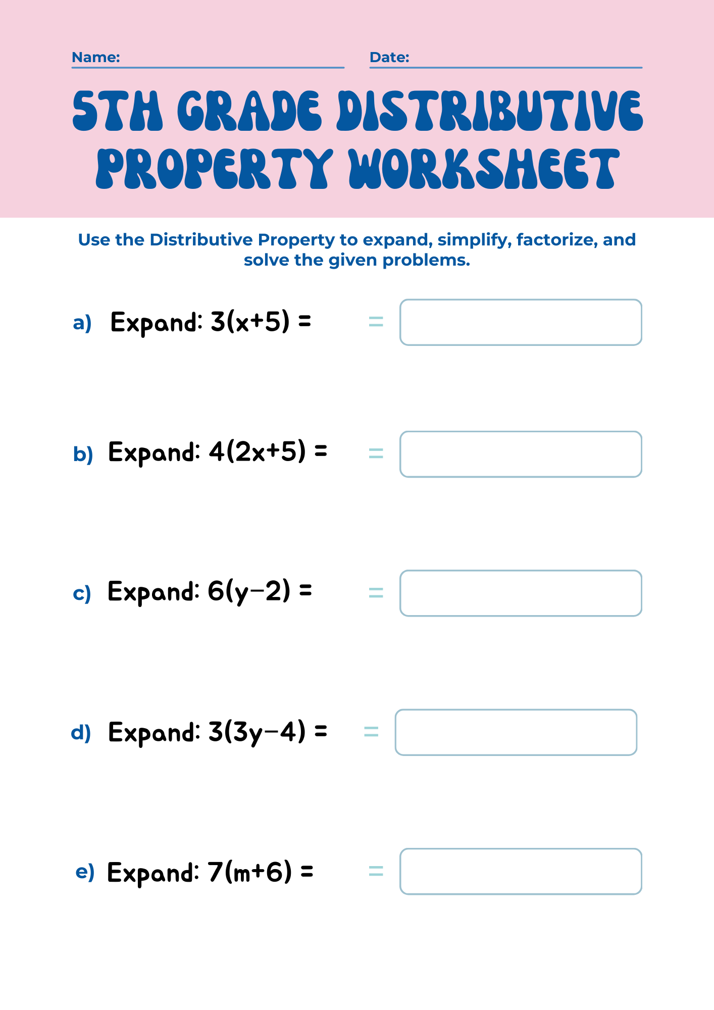 5th Grade Distributive Property Worksheet