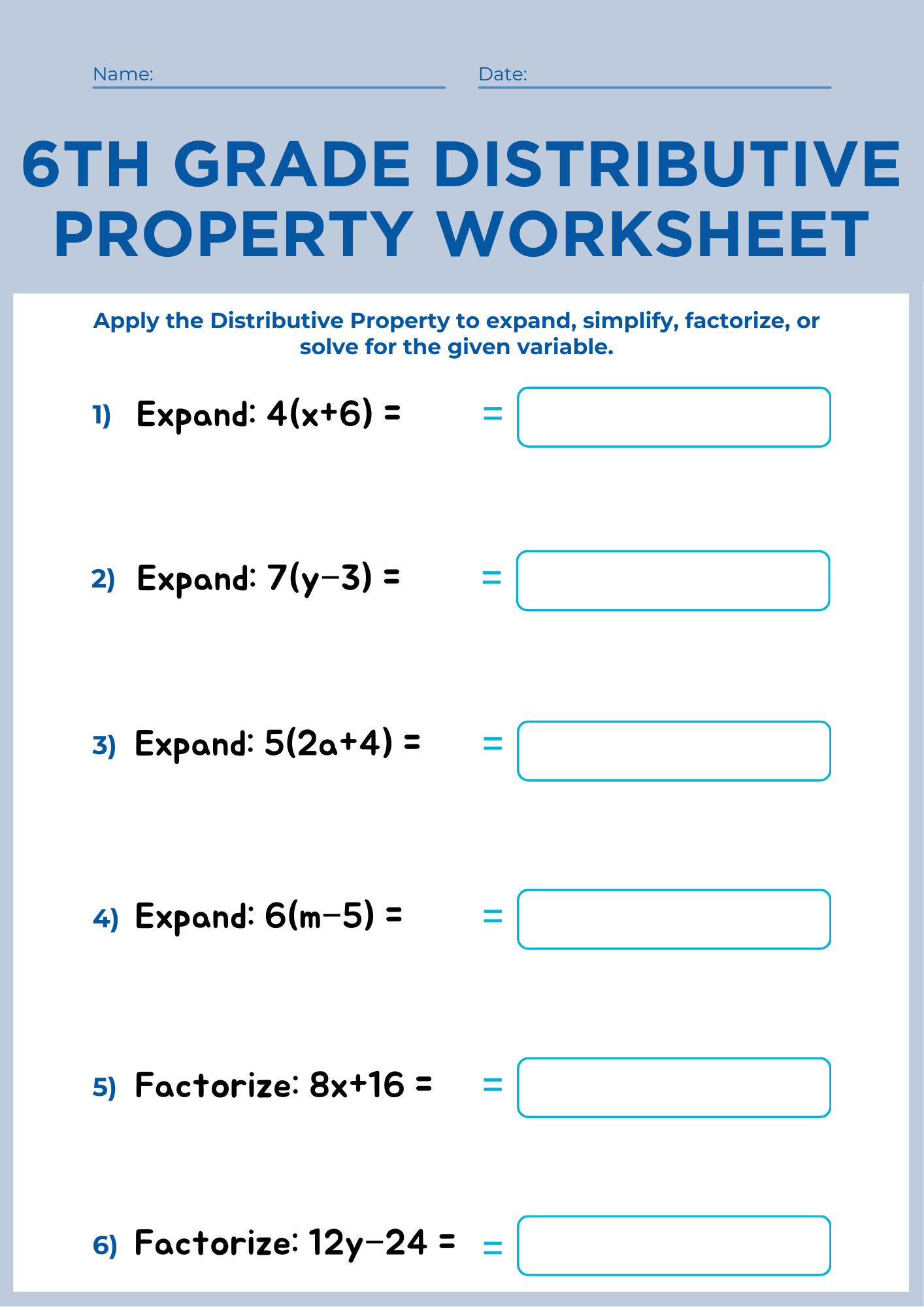 6th Grade Distributive Property Worksheet