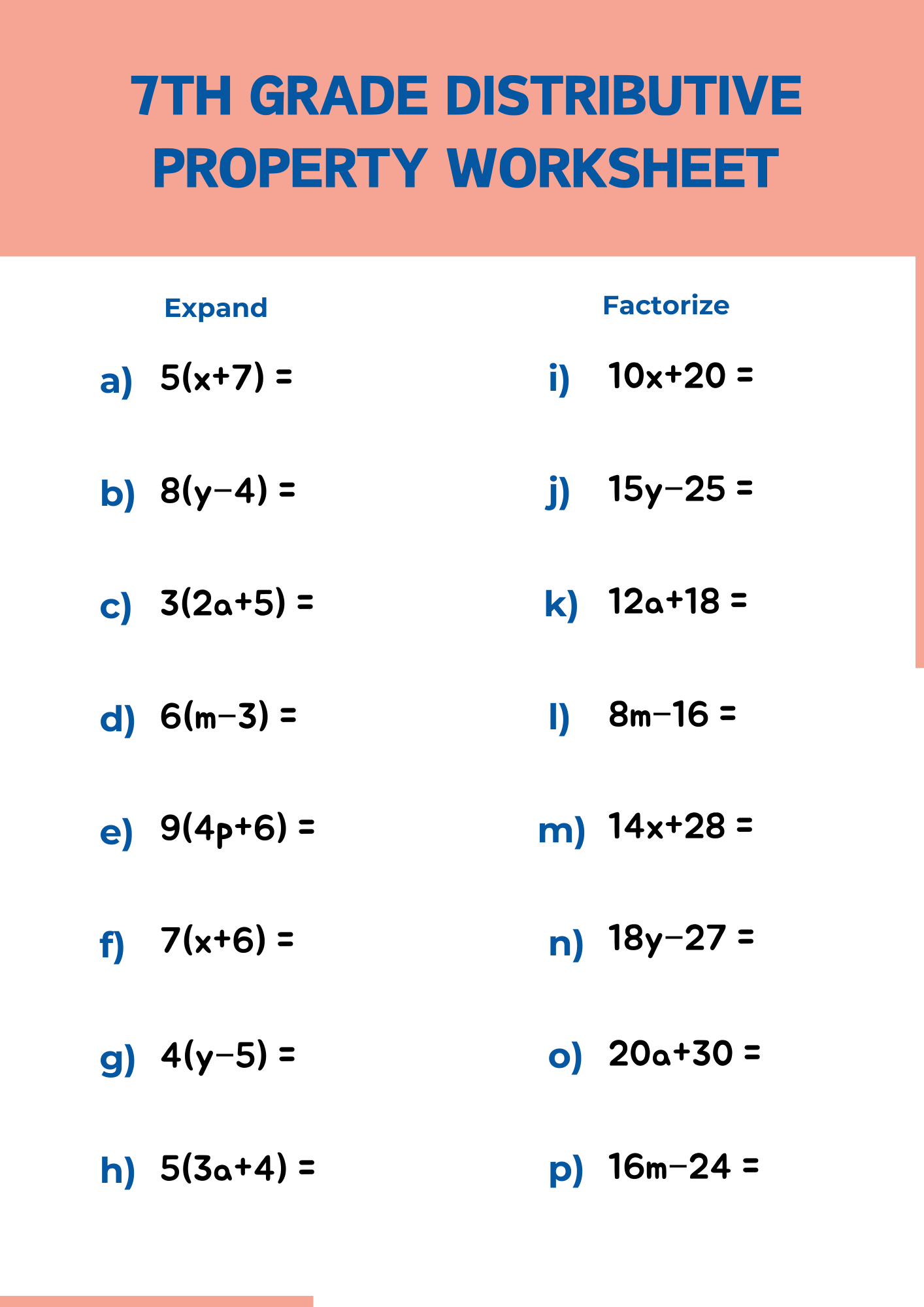 7th Grade Distributive Property Worksheet