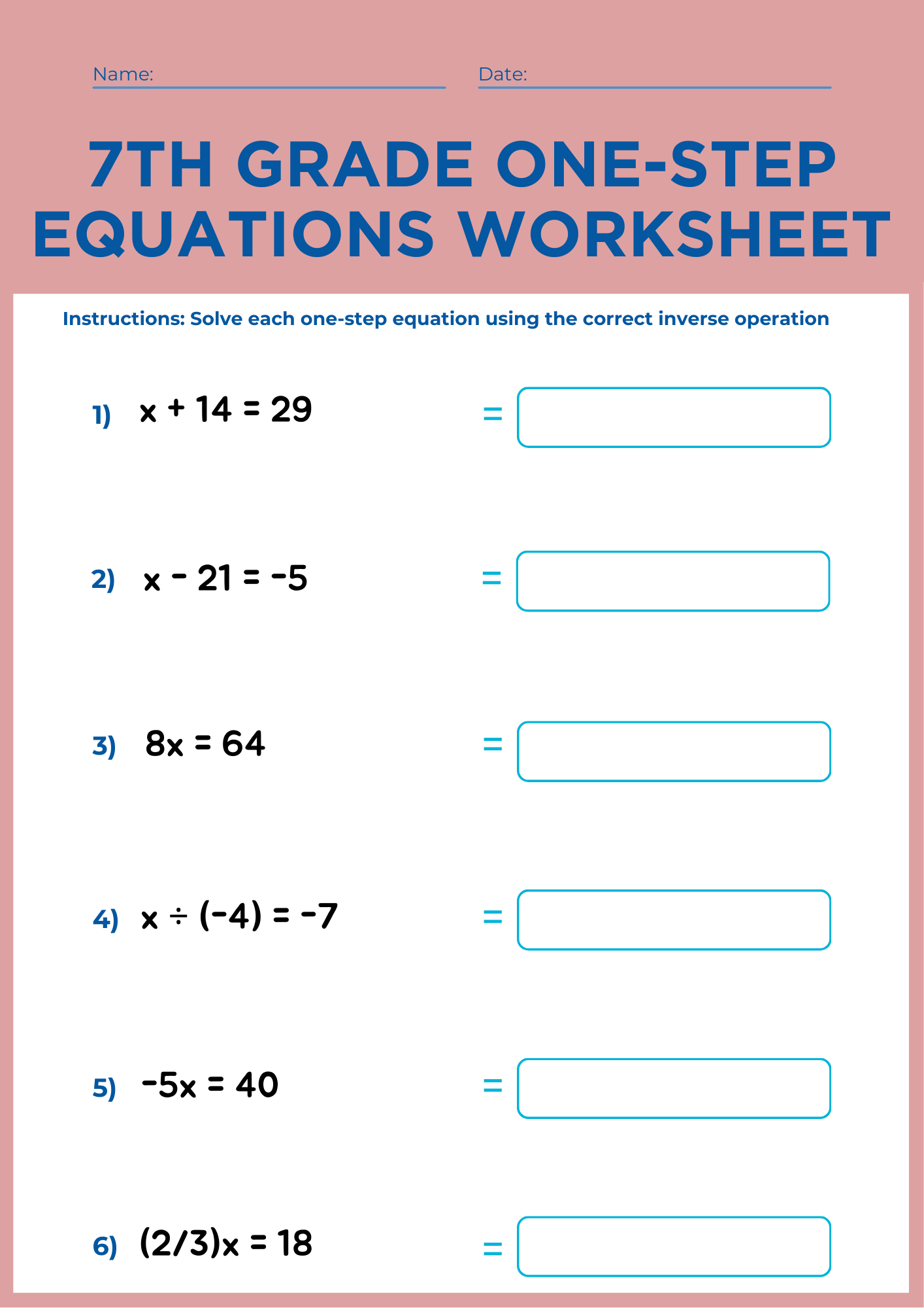 7th Grade One Step Equations Worksheet