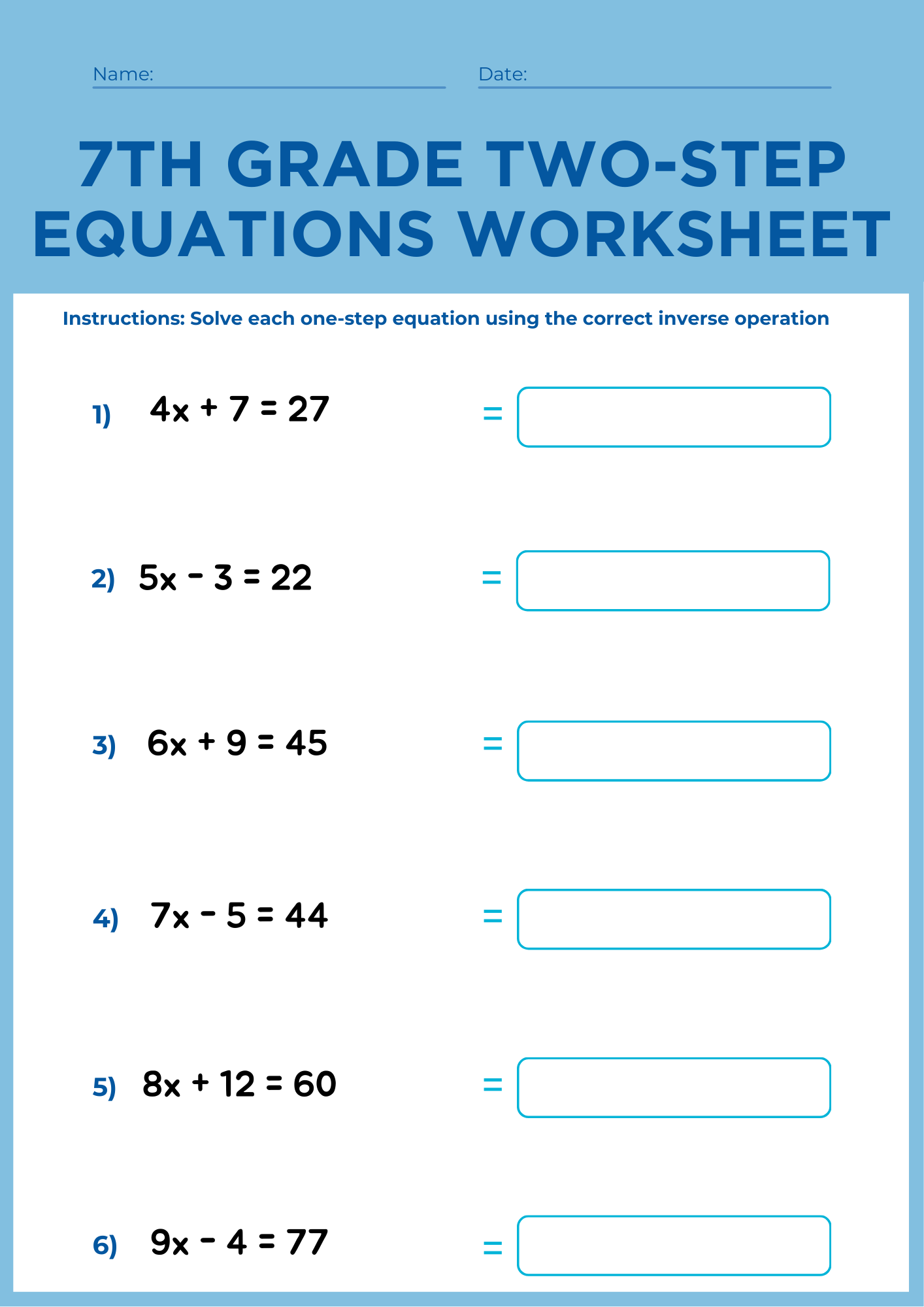 7th Grade Two Step Equations Worksheet