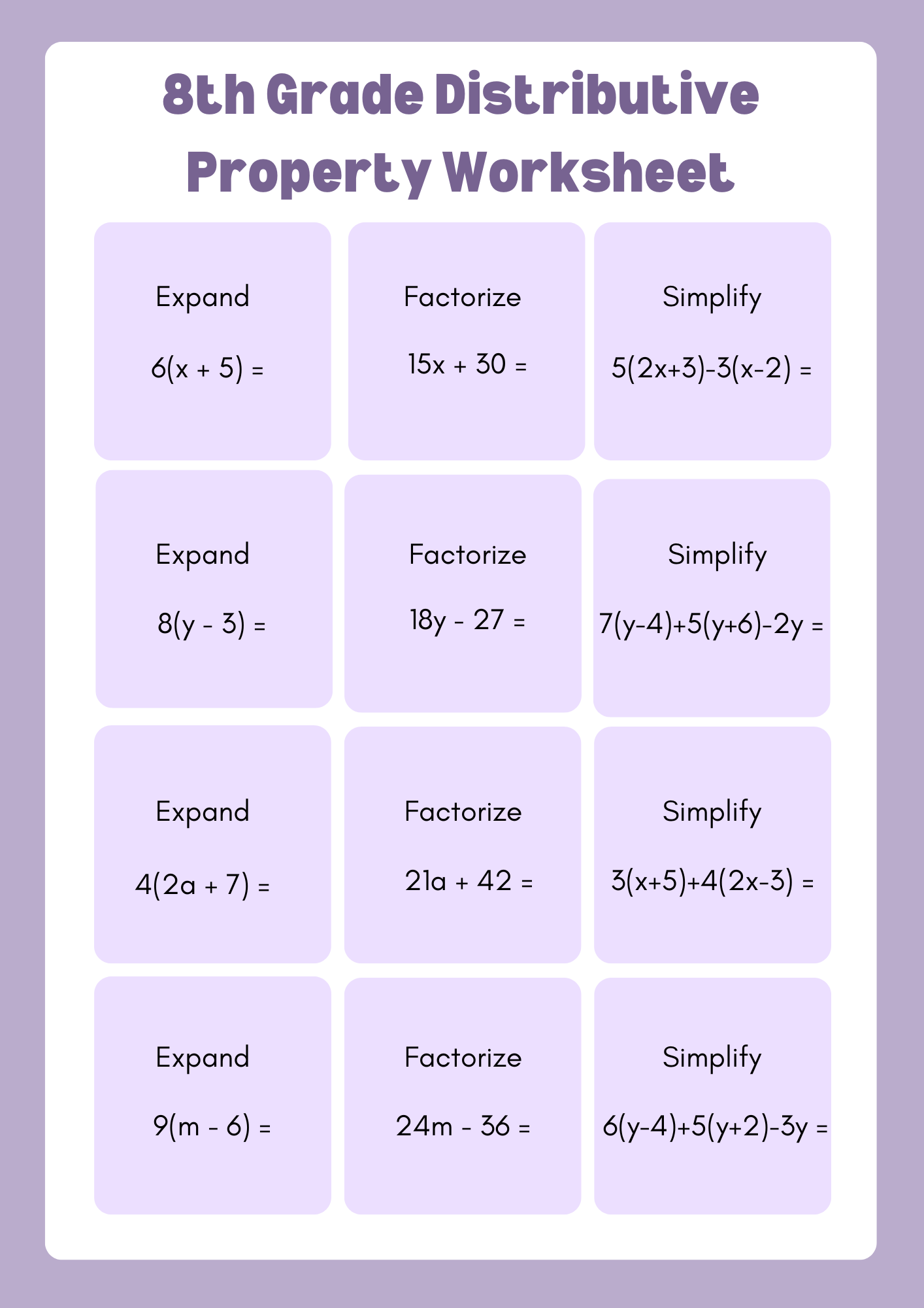 8th Grade Distributive Property Worksheet