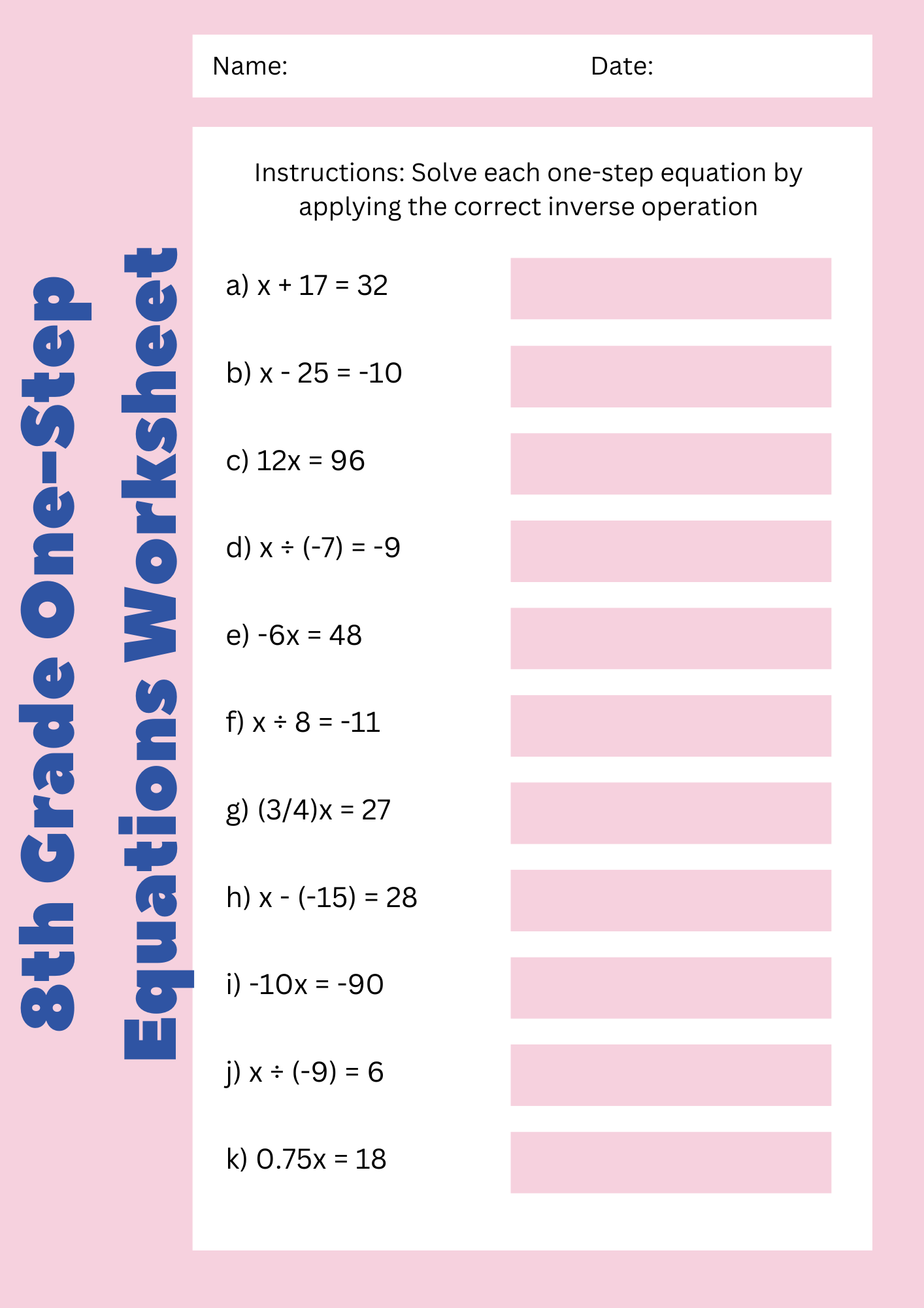 8th Grade One Step Equations Worksheet