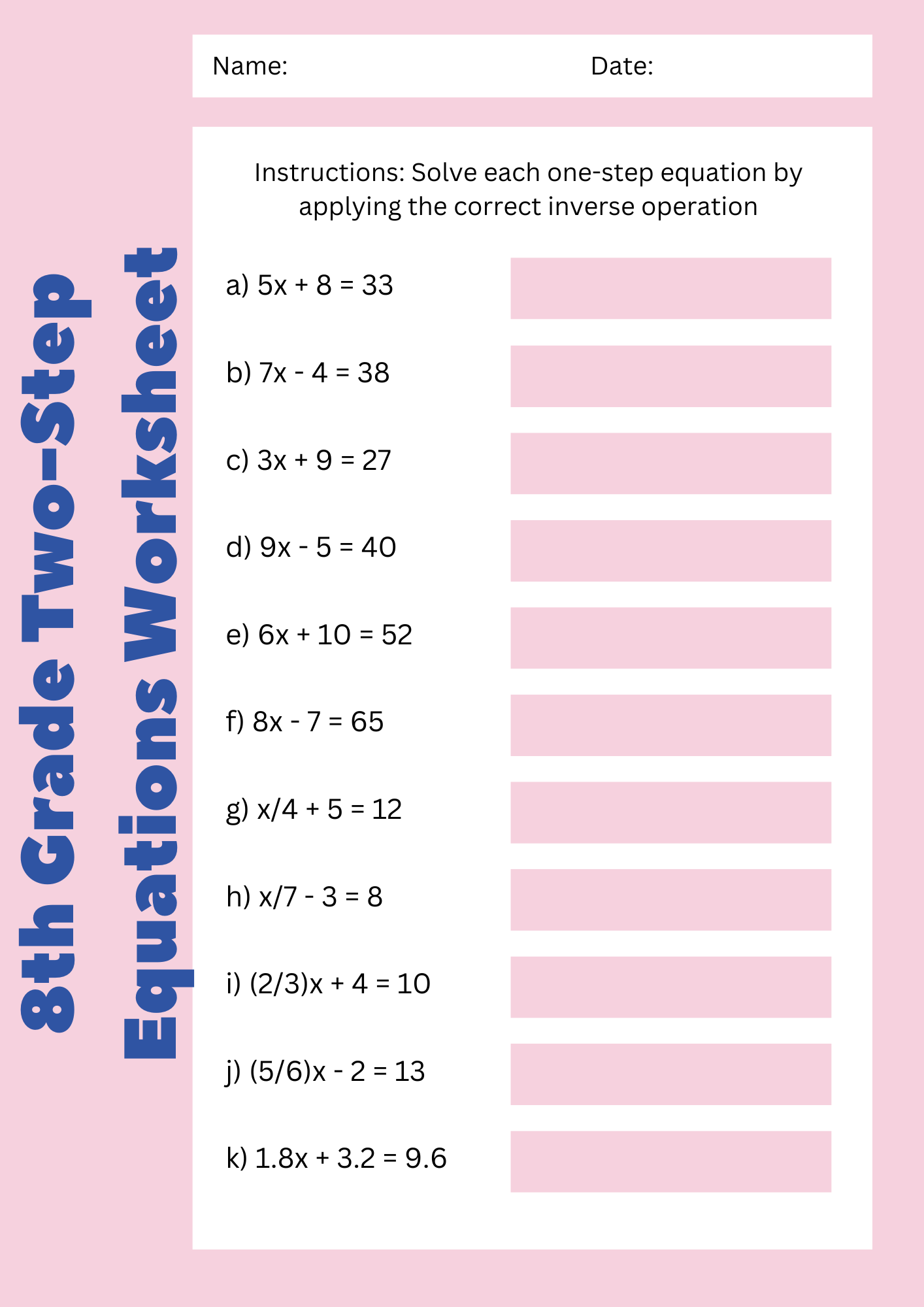 8th Grade Two Step Equations Worksheet