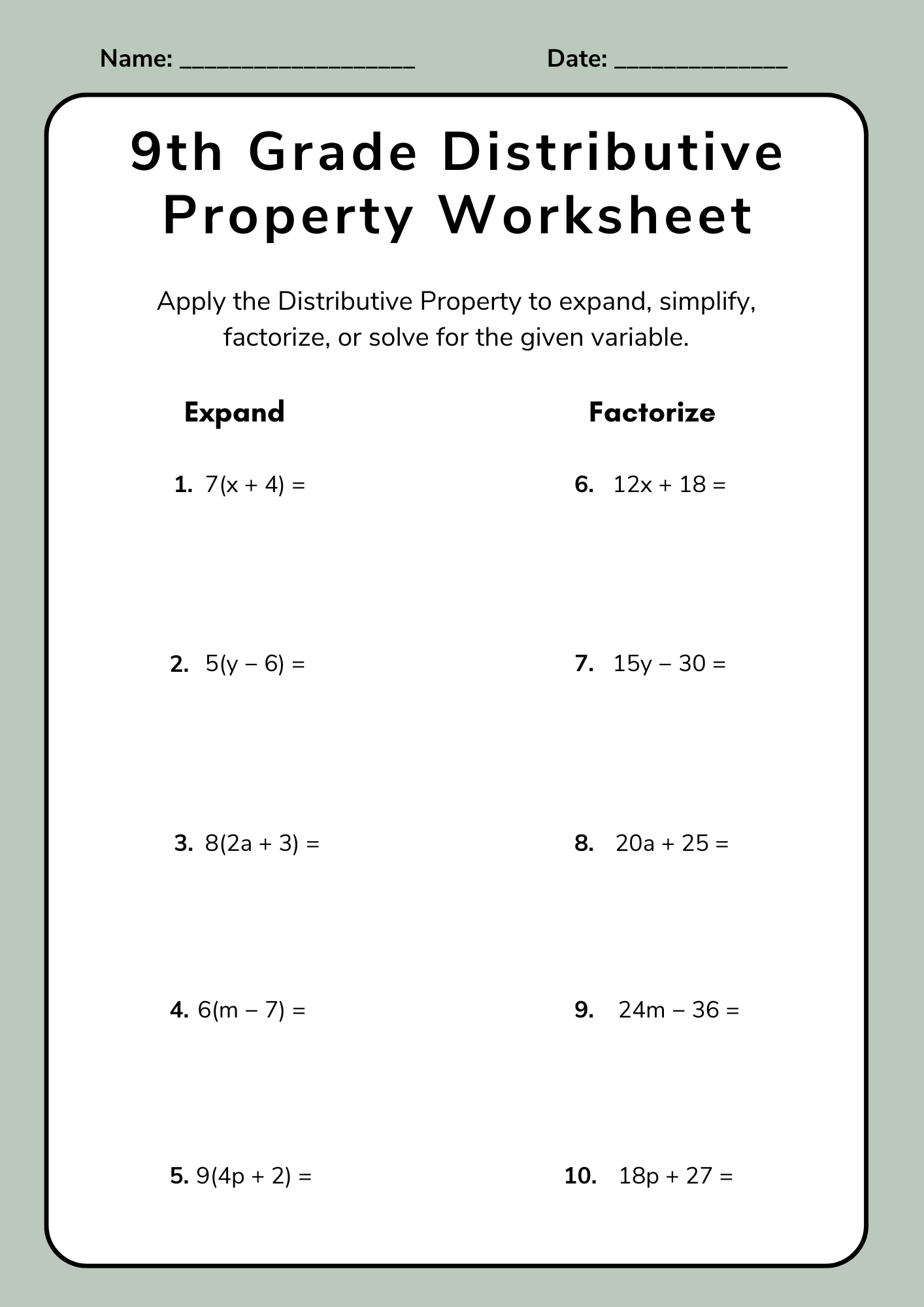 9th Grade Distributive Property Worksheet