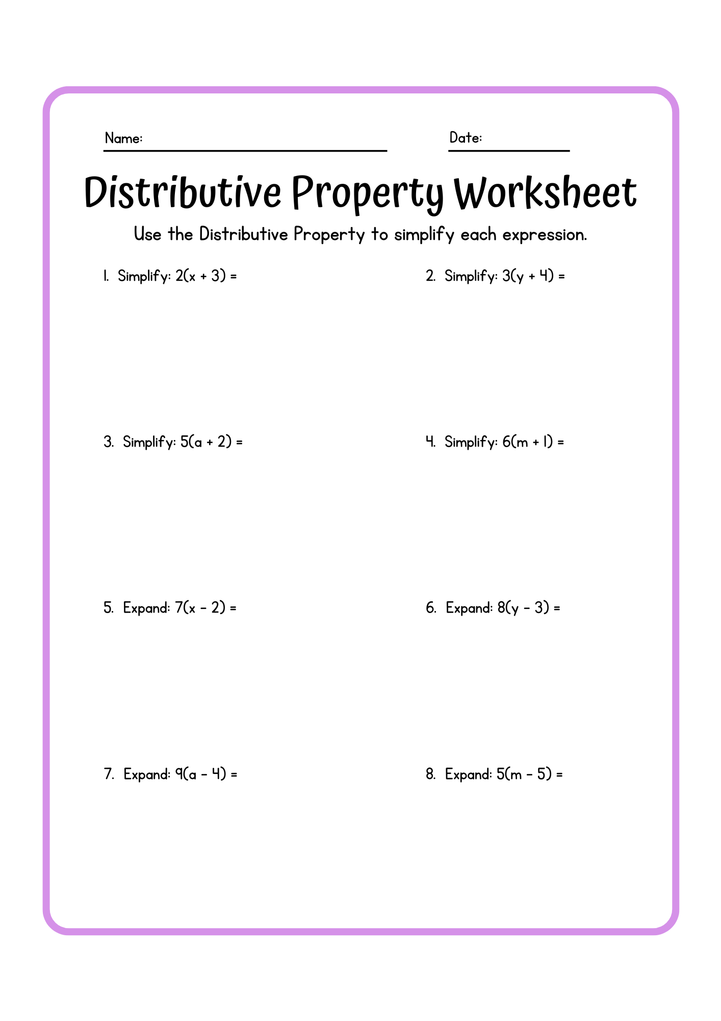 Basic Distributive Property Worksheet