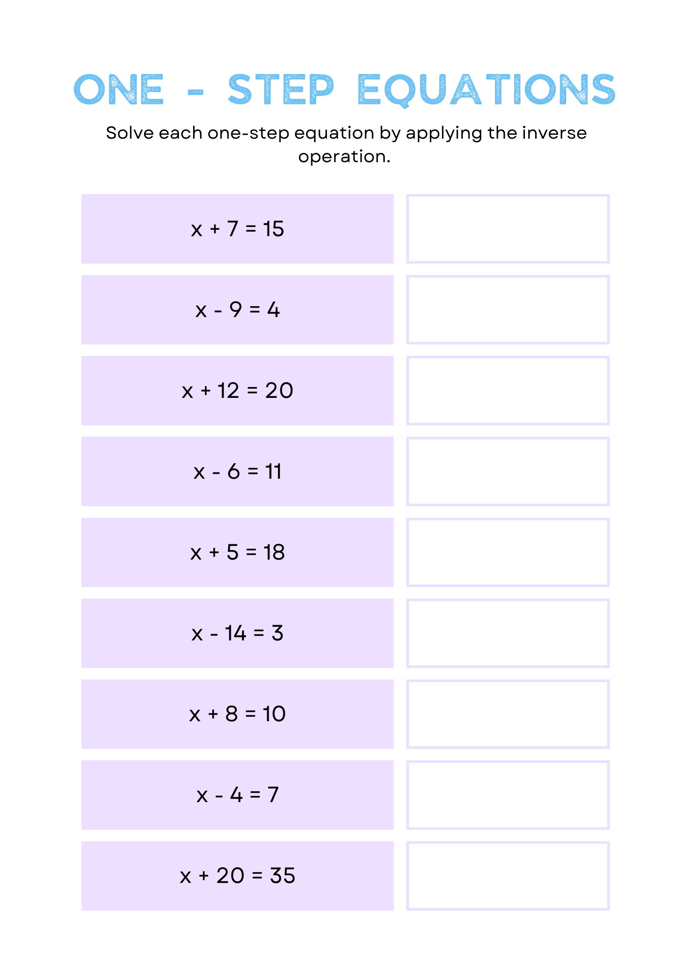 Basic One Step Equation Worksheet 