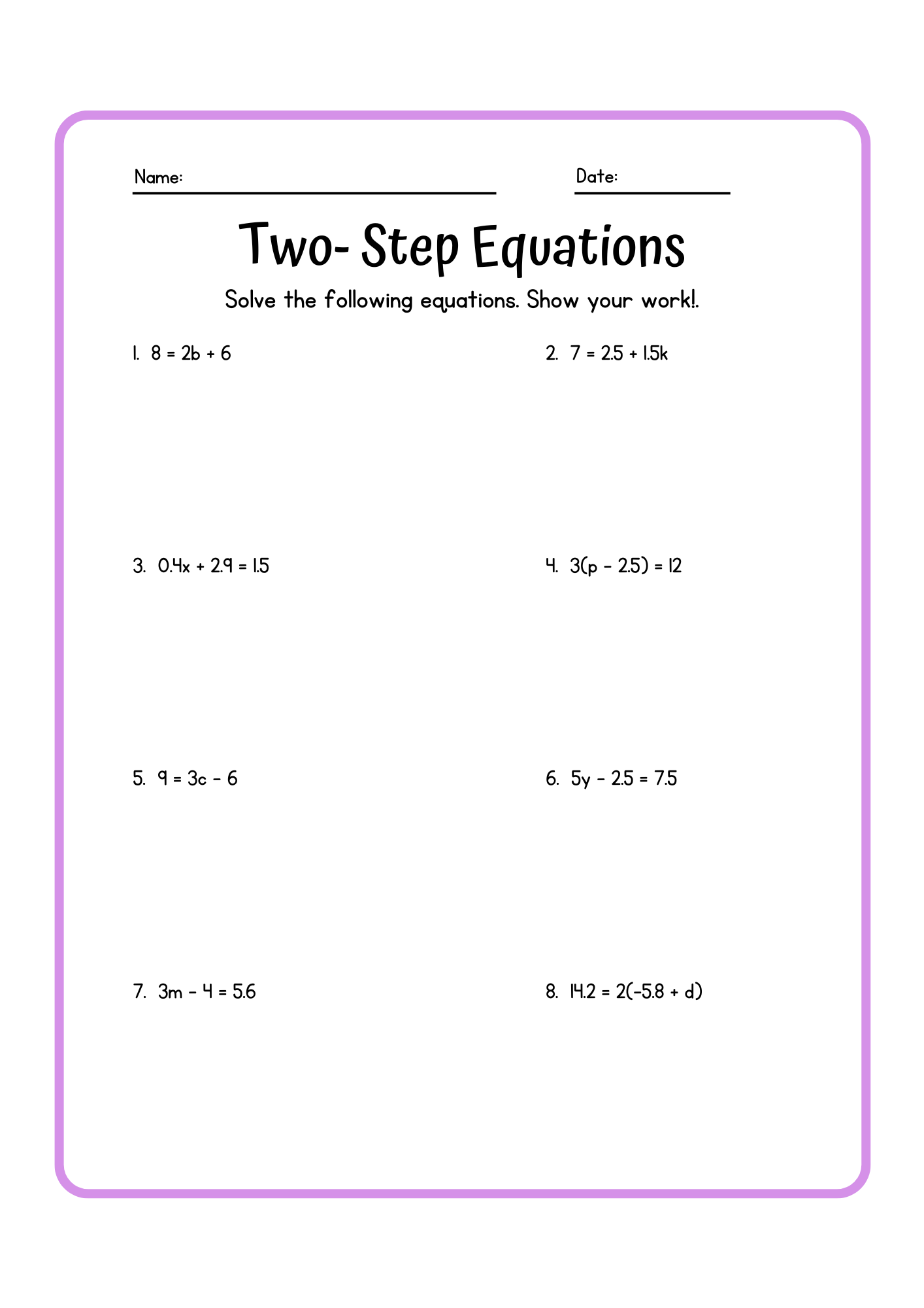 Basic Two Step Equations Worksheet