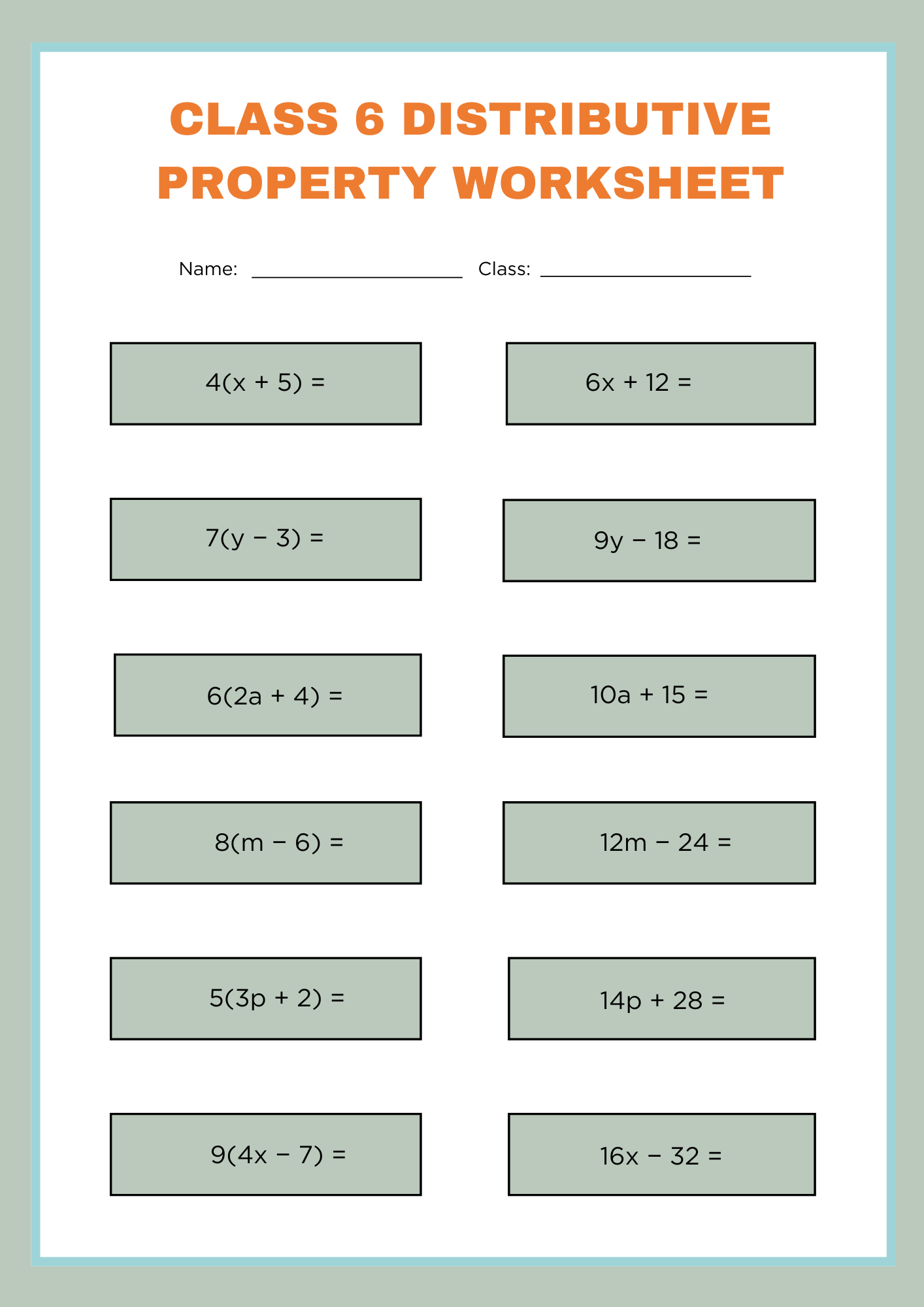 Class 6 Distributive Property Worksheet