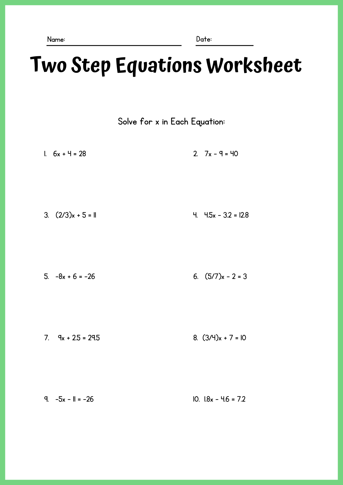 College Algebra Two Step Equations Worksheet 