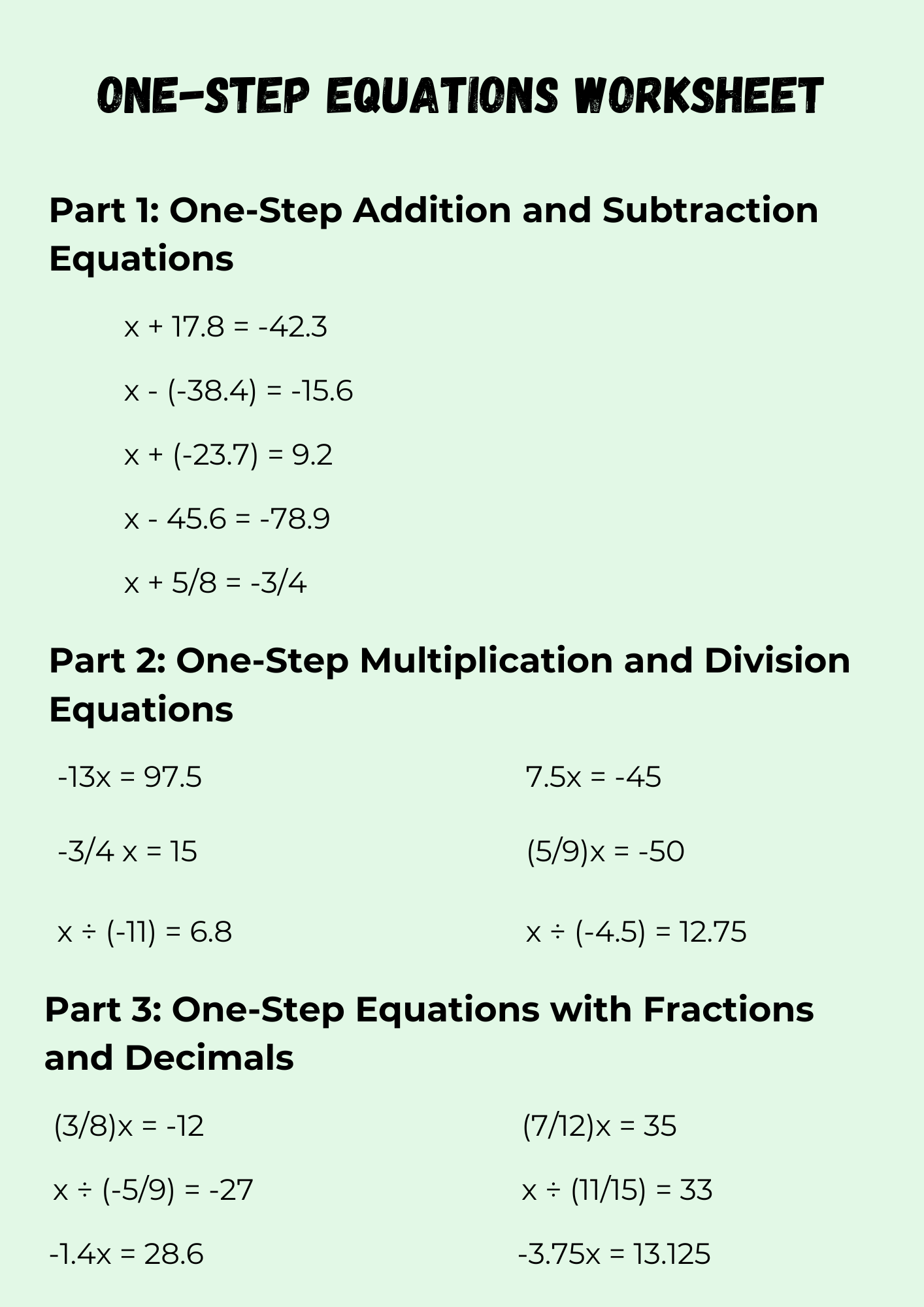 Difficult One Step Equations Worksheet