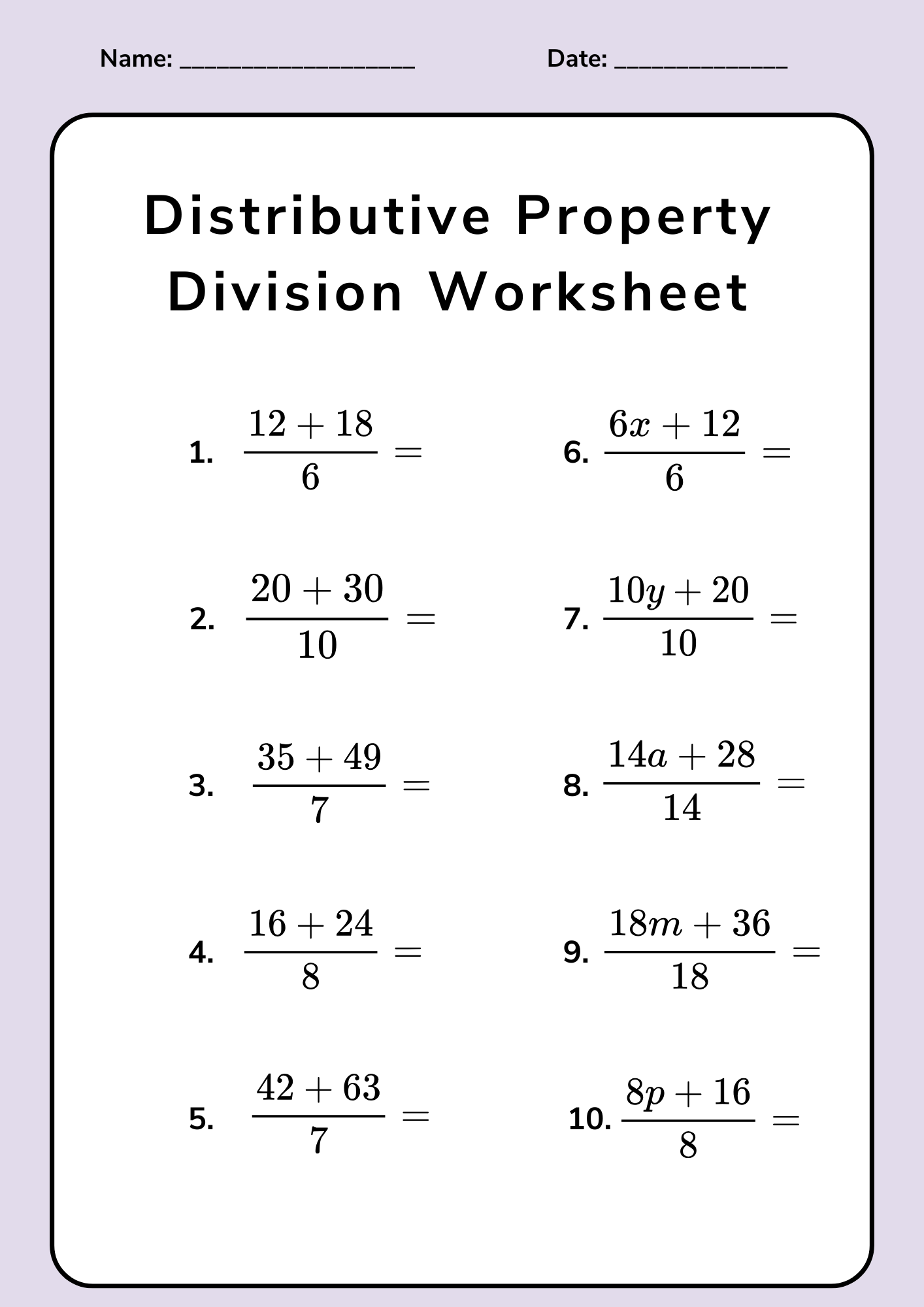 Distributive Property Division Worksheet