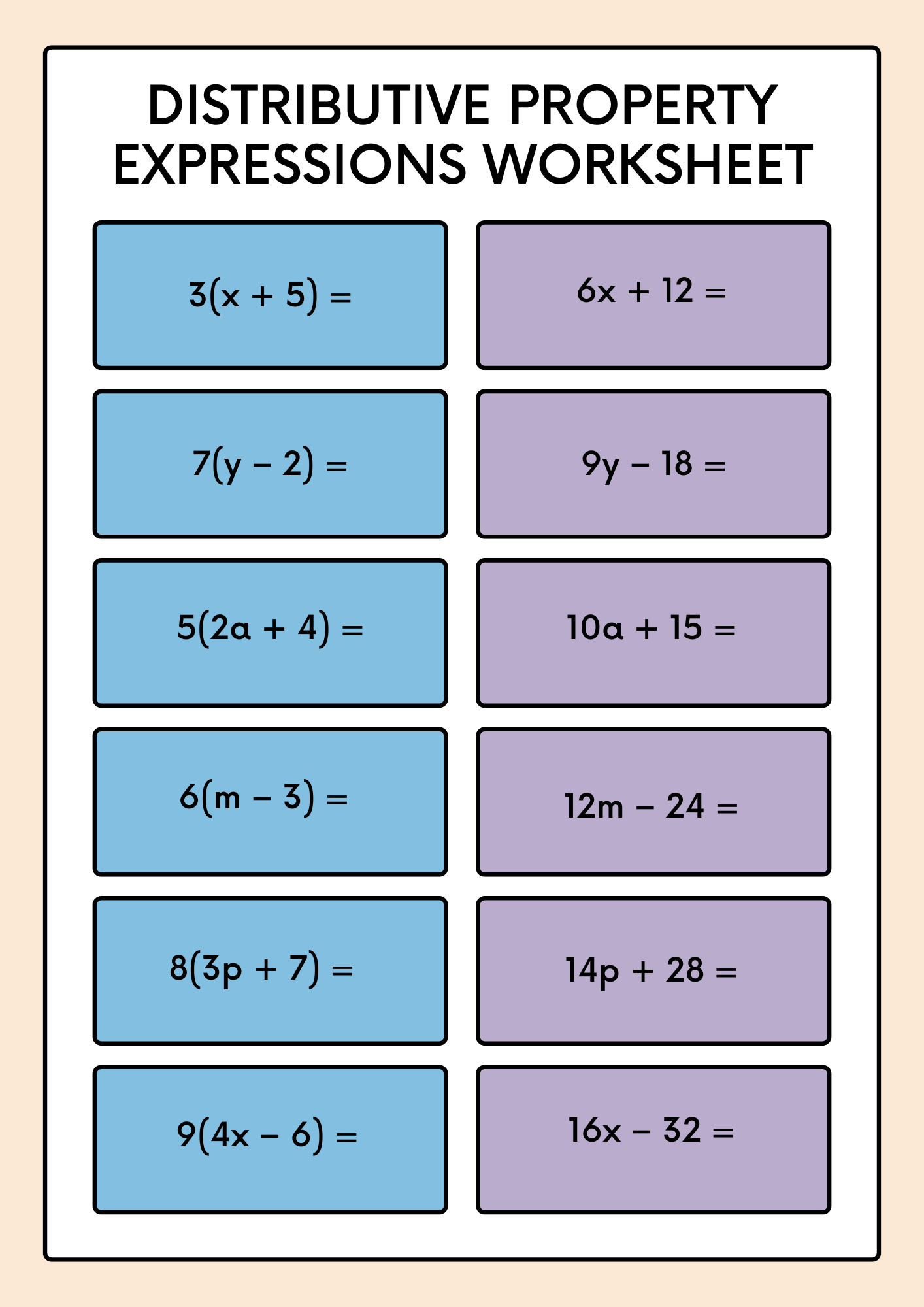 Distributive Property Expressions Worksheet