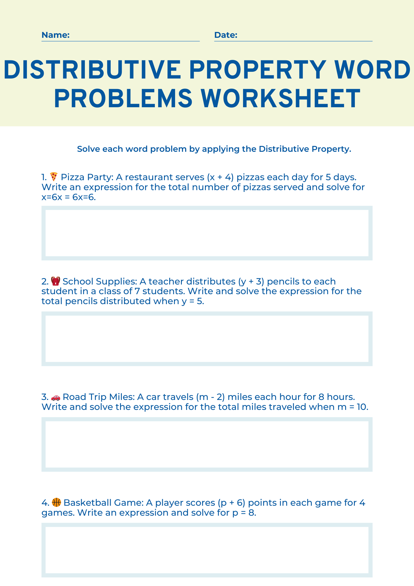 Distributive Property Word Problems Worksheet