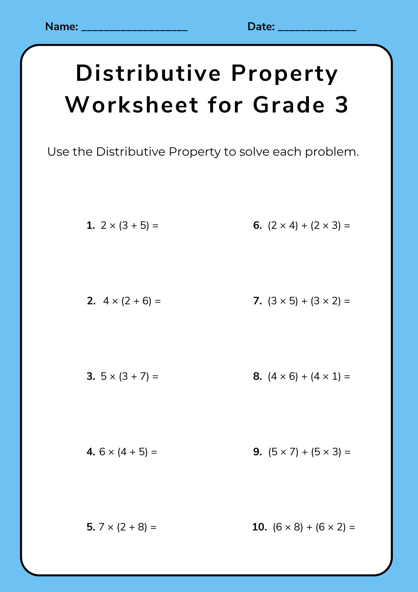 Distributive Property Worksheet for Grade 3