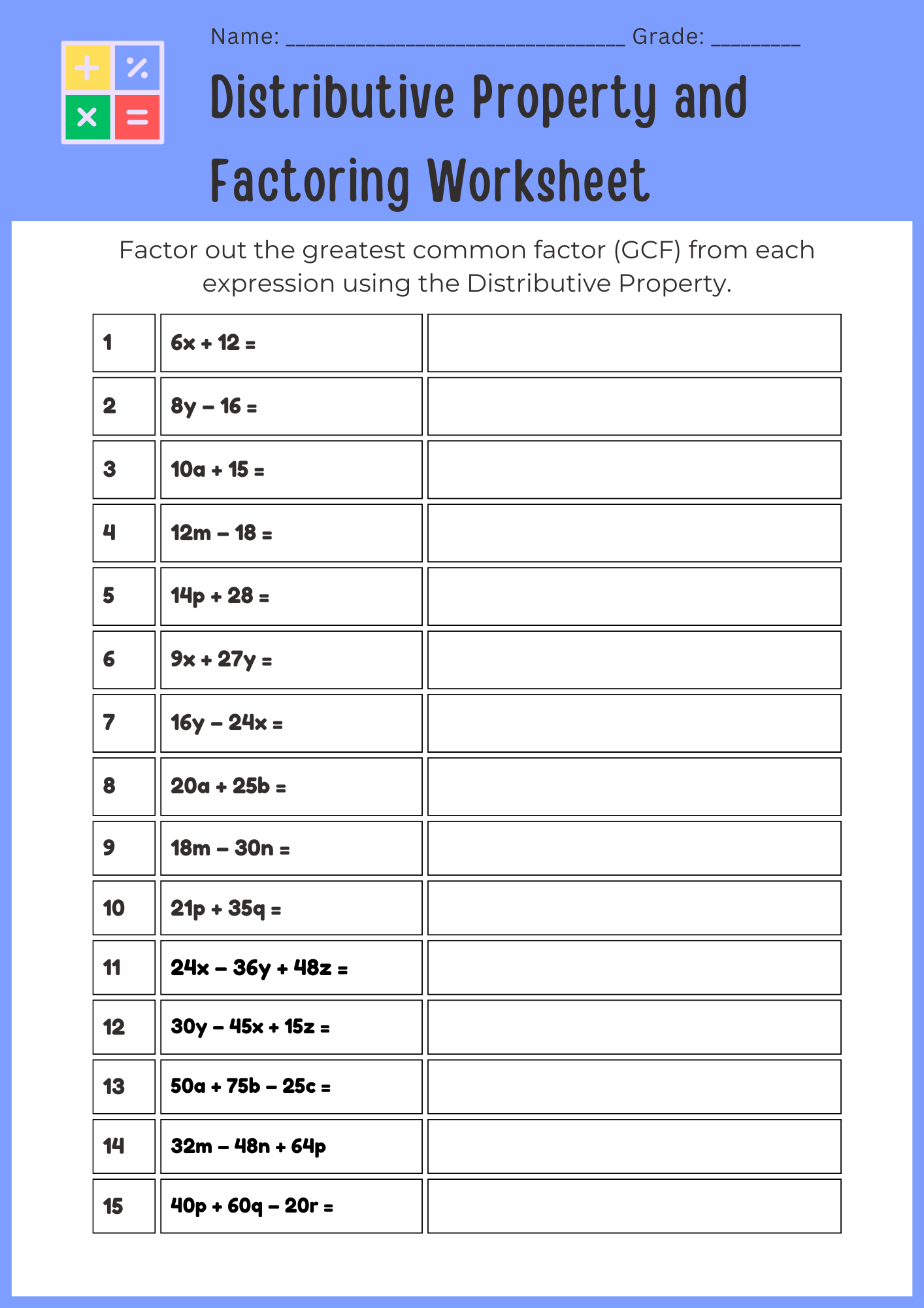 Distributive Property and Factoring Worksheet