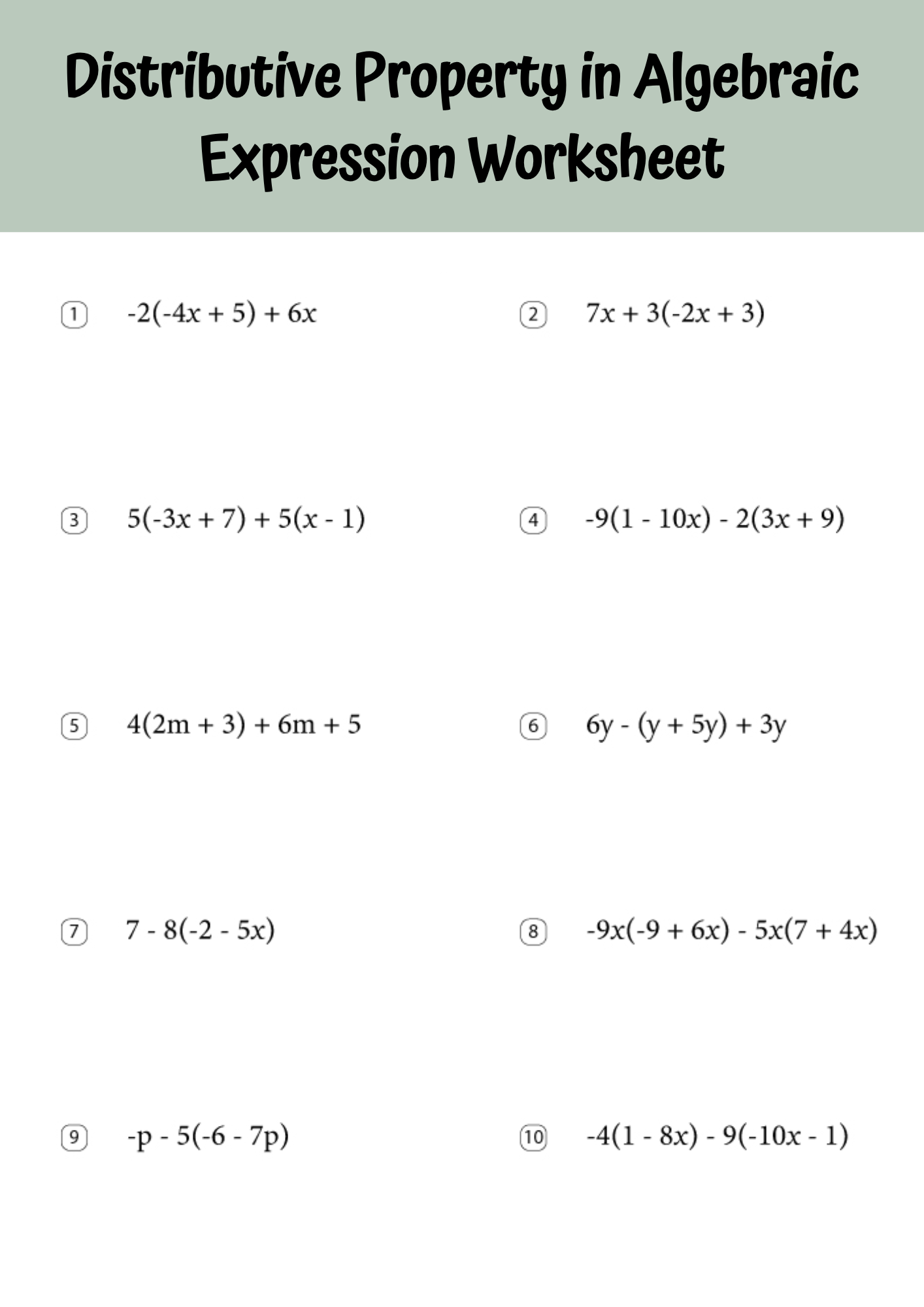 Distributive Property in Algebraic Expression Worksheet