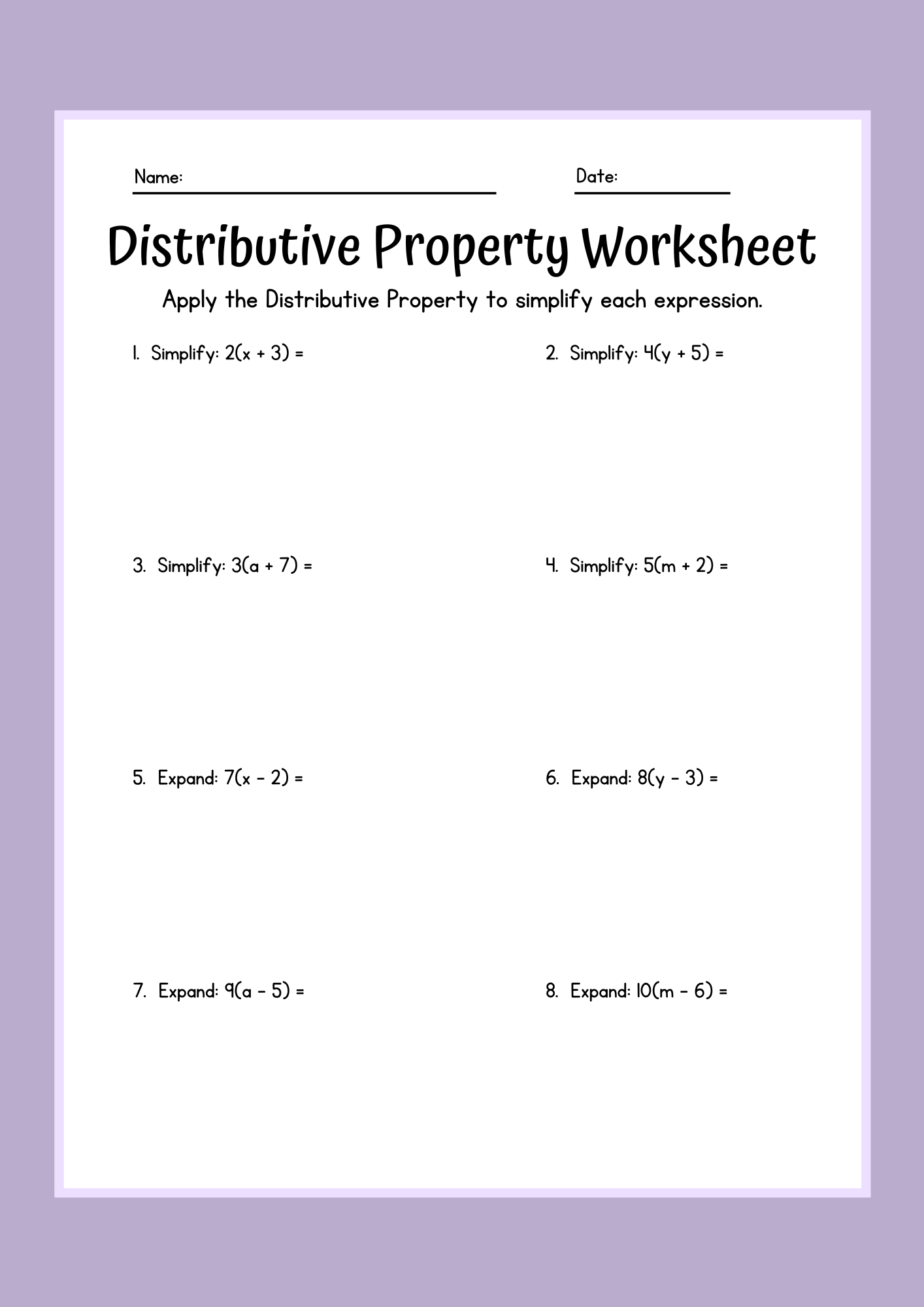 Easy Distributive Property Worksheet