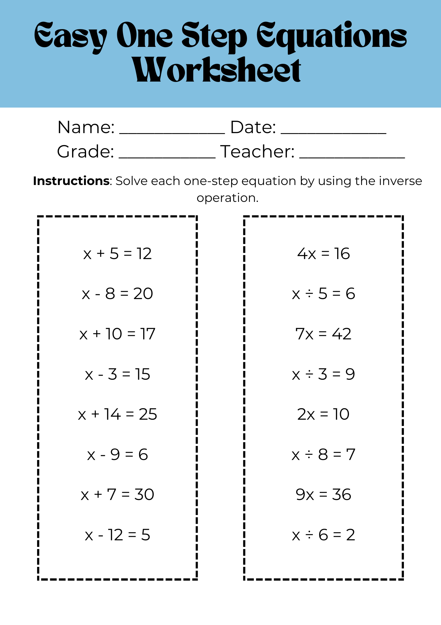 Easy One Step Equation Worksheet 