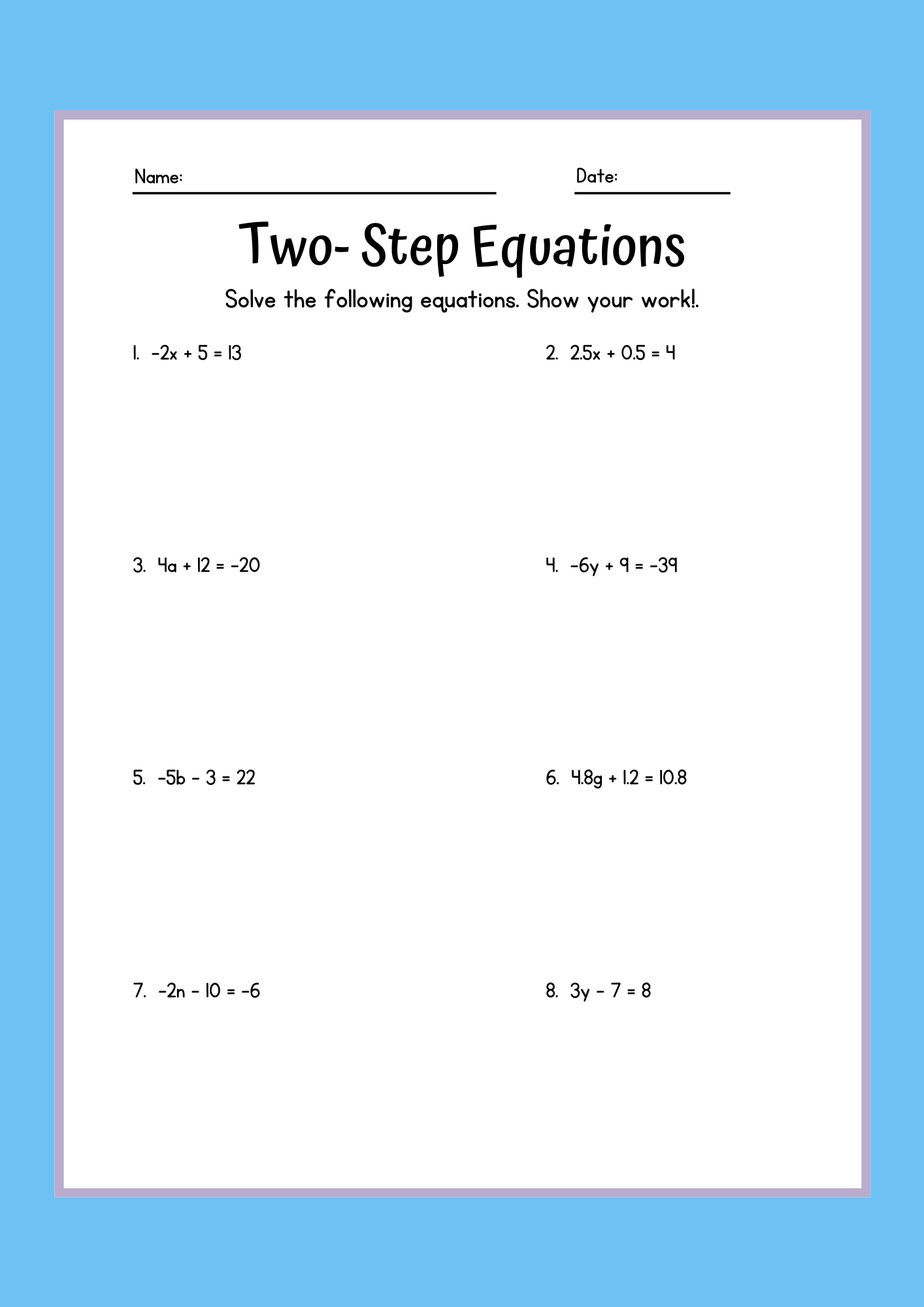 Easy Two Step Equations Worksheet