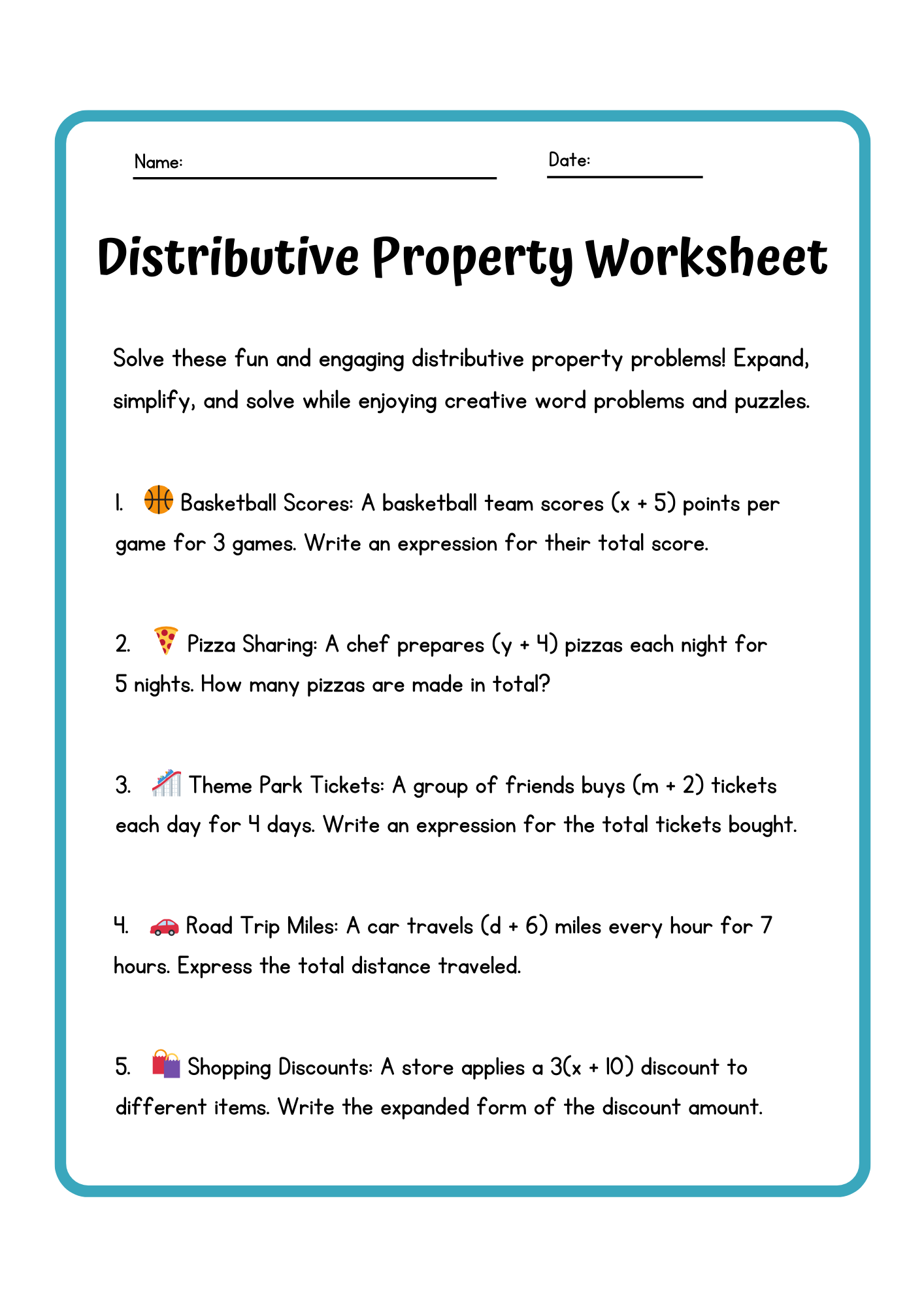 Fun Distributive Property Worksheet