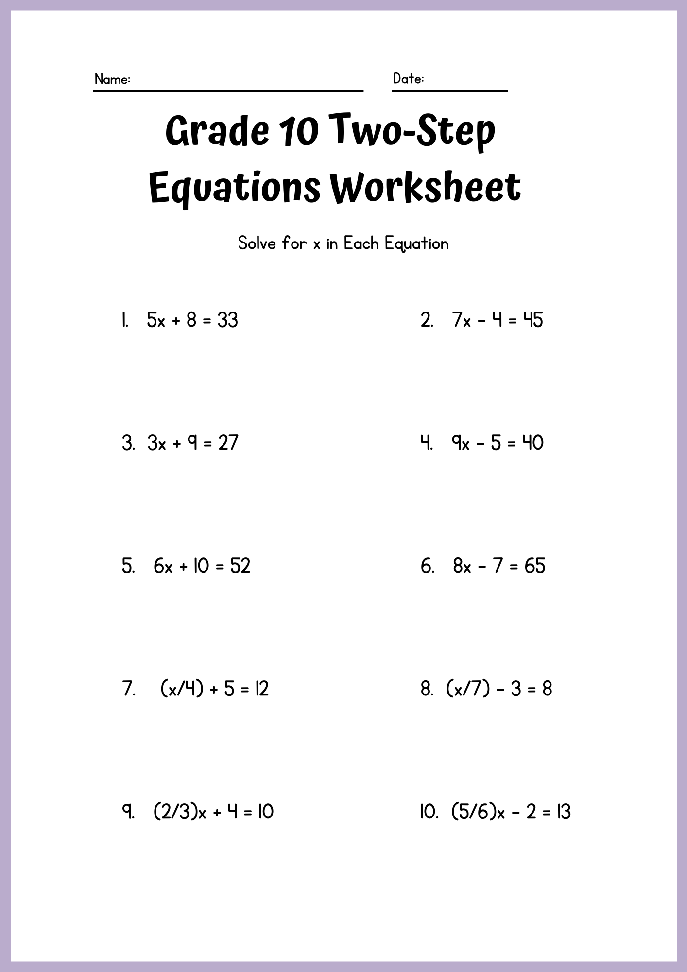 Grade 10 Two Step Equations Worksheet