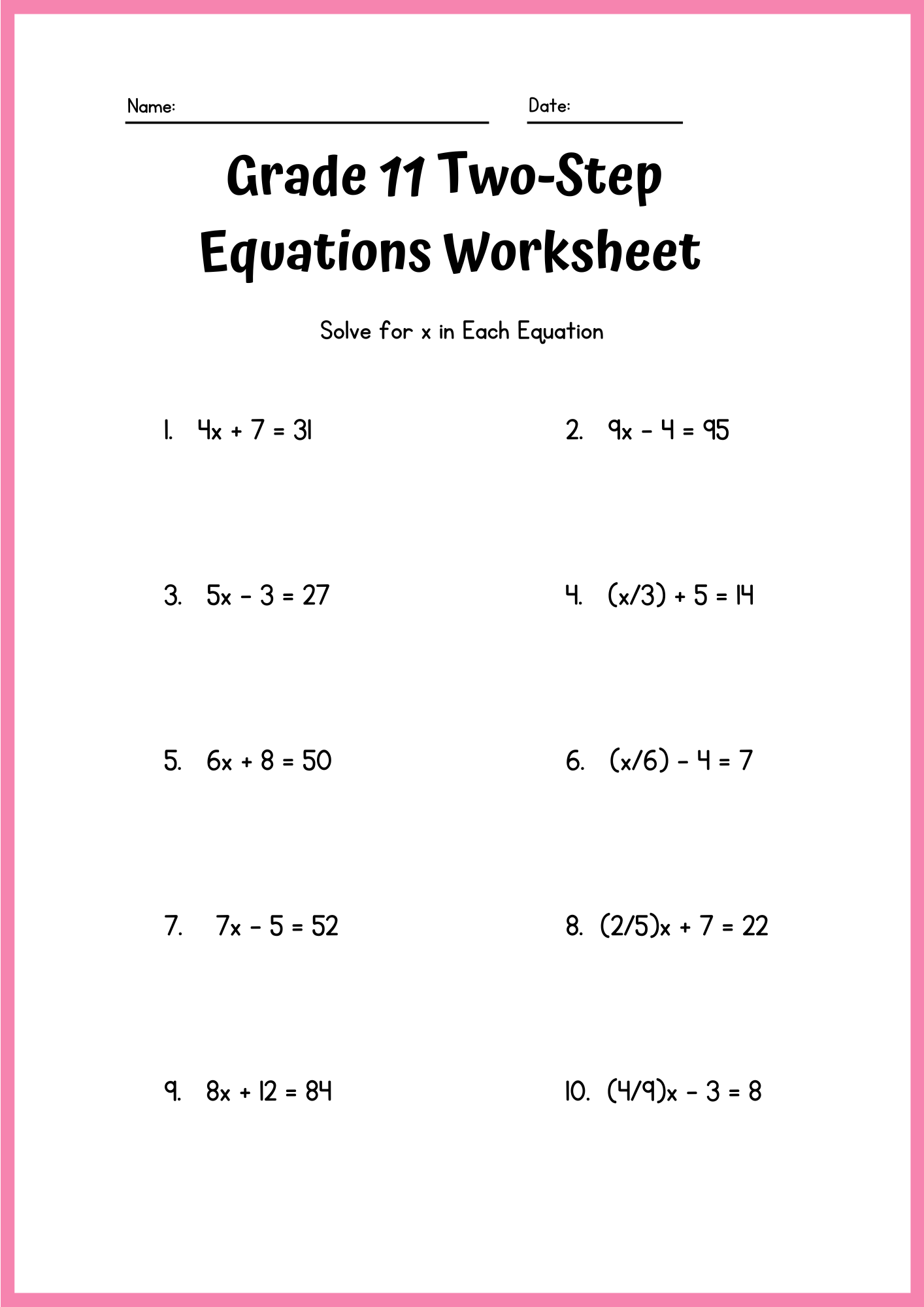 Grade 11 Two Step Equations Worksheet