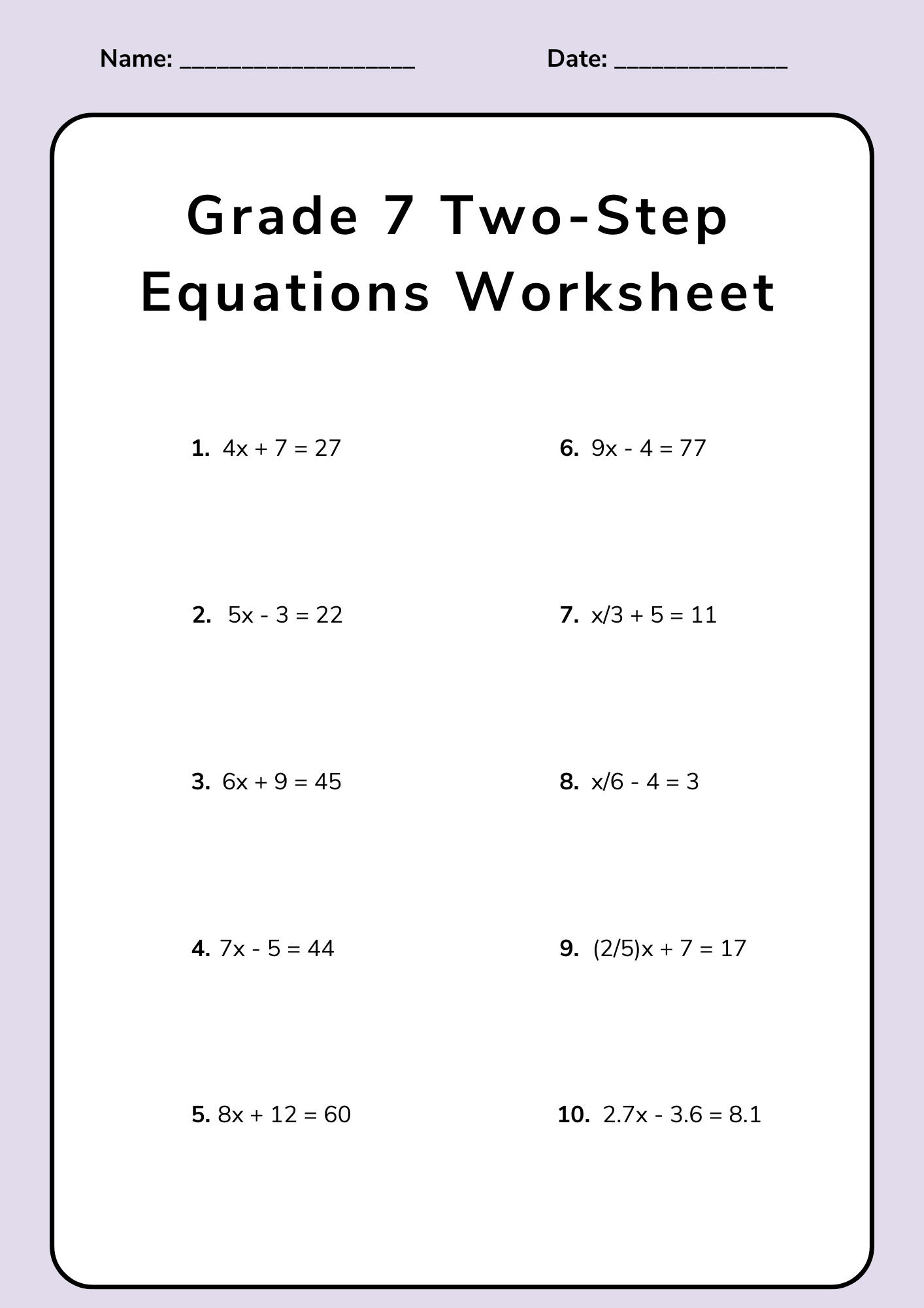 Grade 7 Two Step Equations Worksheet