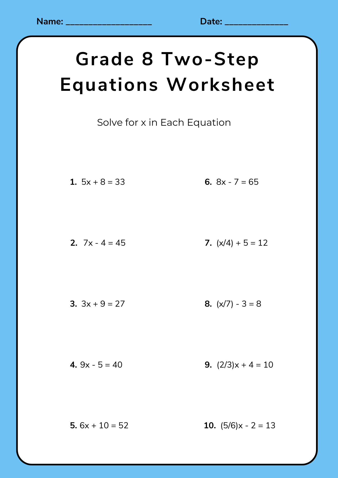 Grade 8 Two Step Equations Worksheet