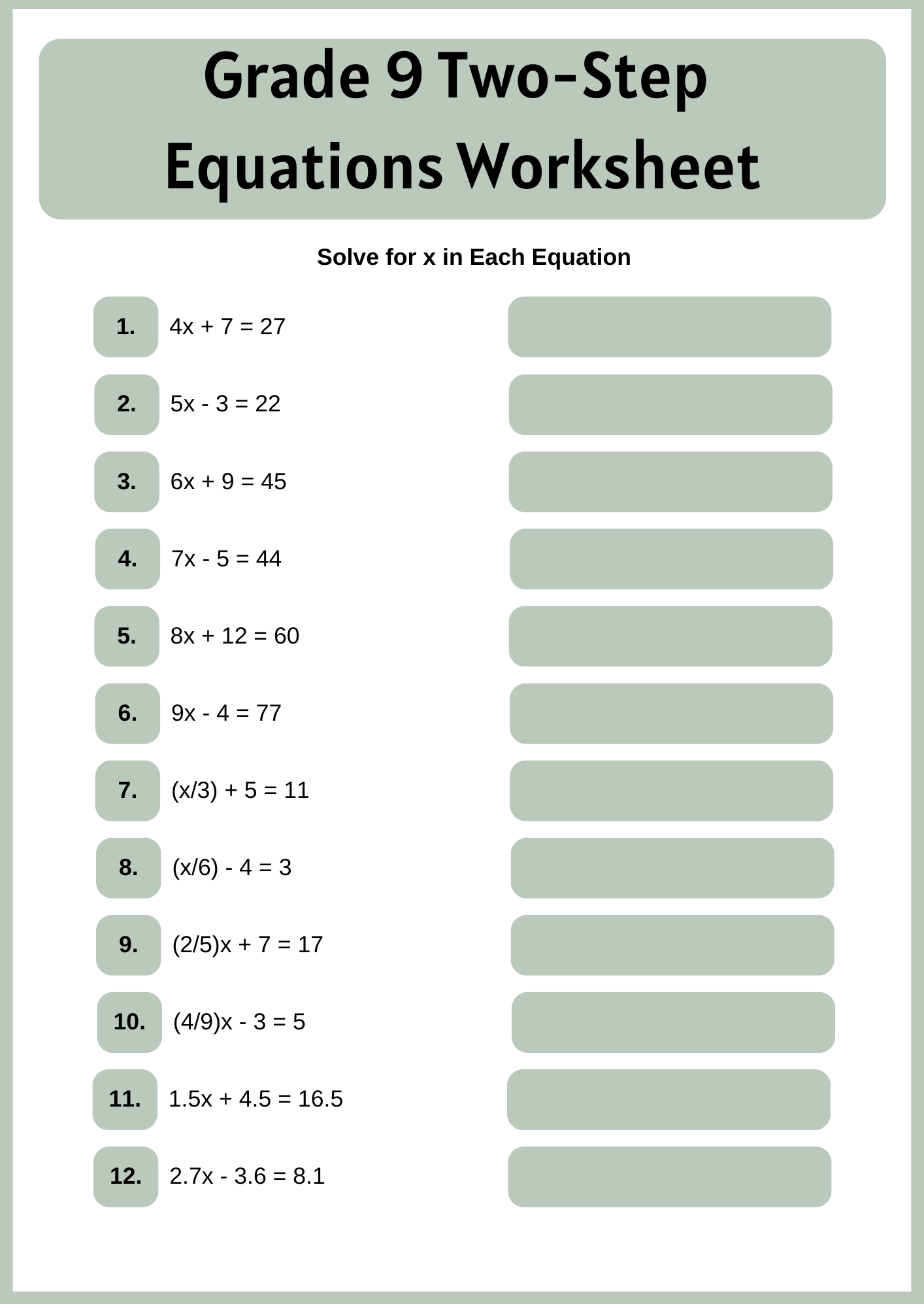 Grade 9 Two Step Equations Worksheet