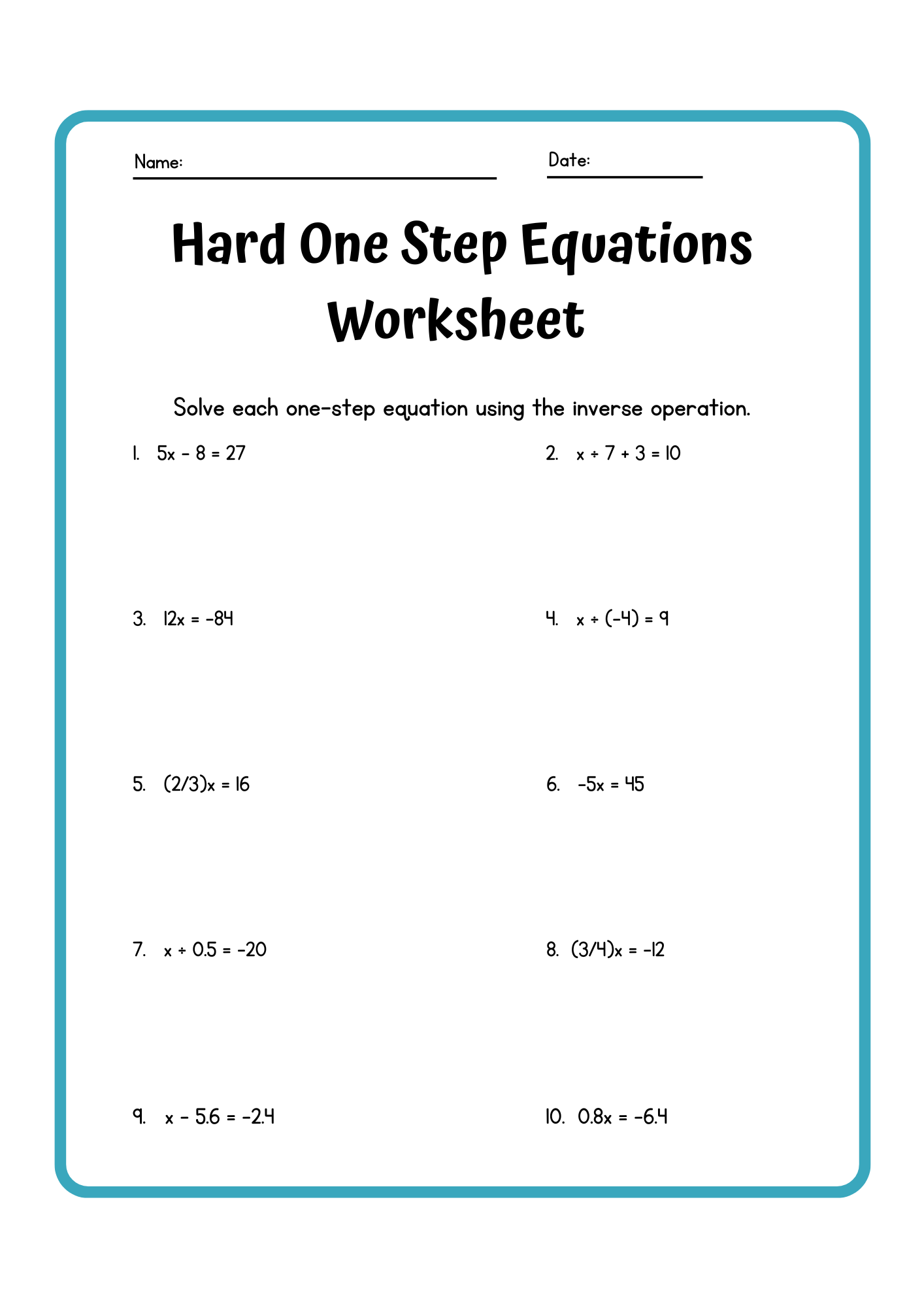 Hard One Step Equation Worksheet 