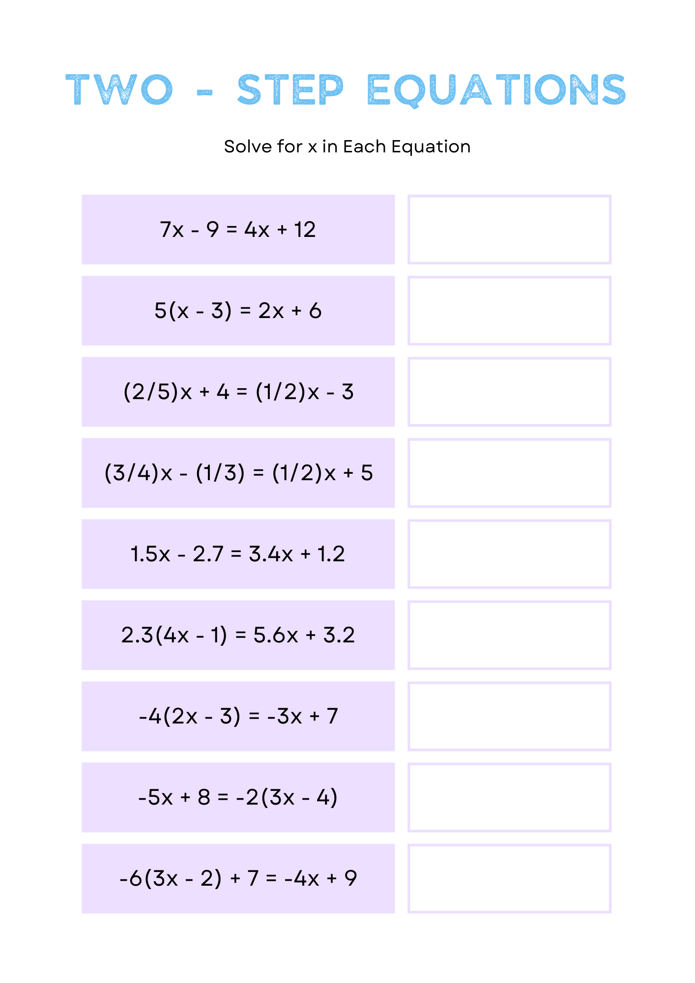 Hard Two Step Equation Worksheet 