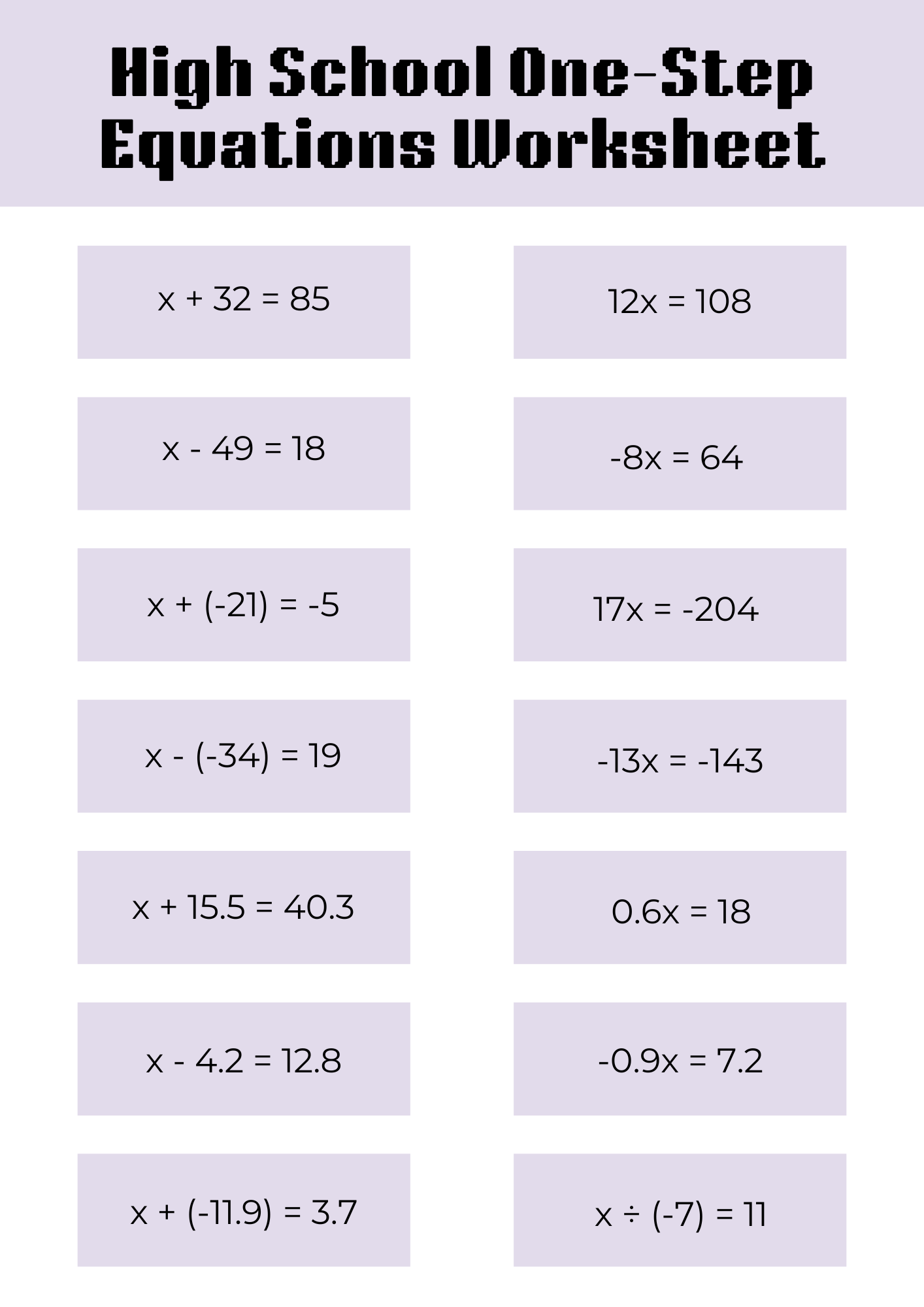 High School One Step Equations Worksheet