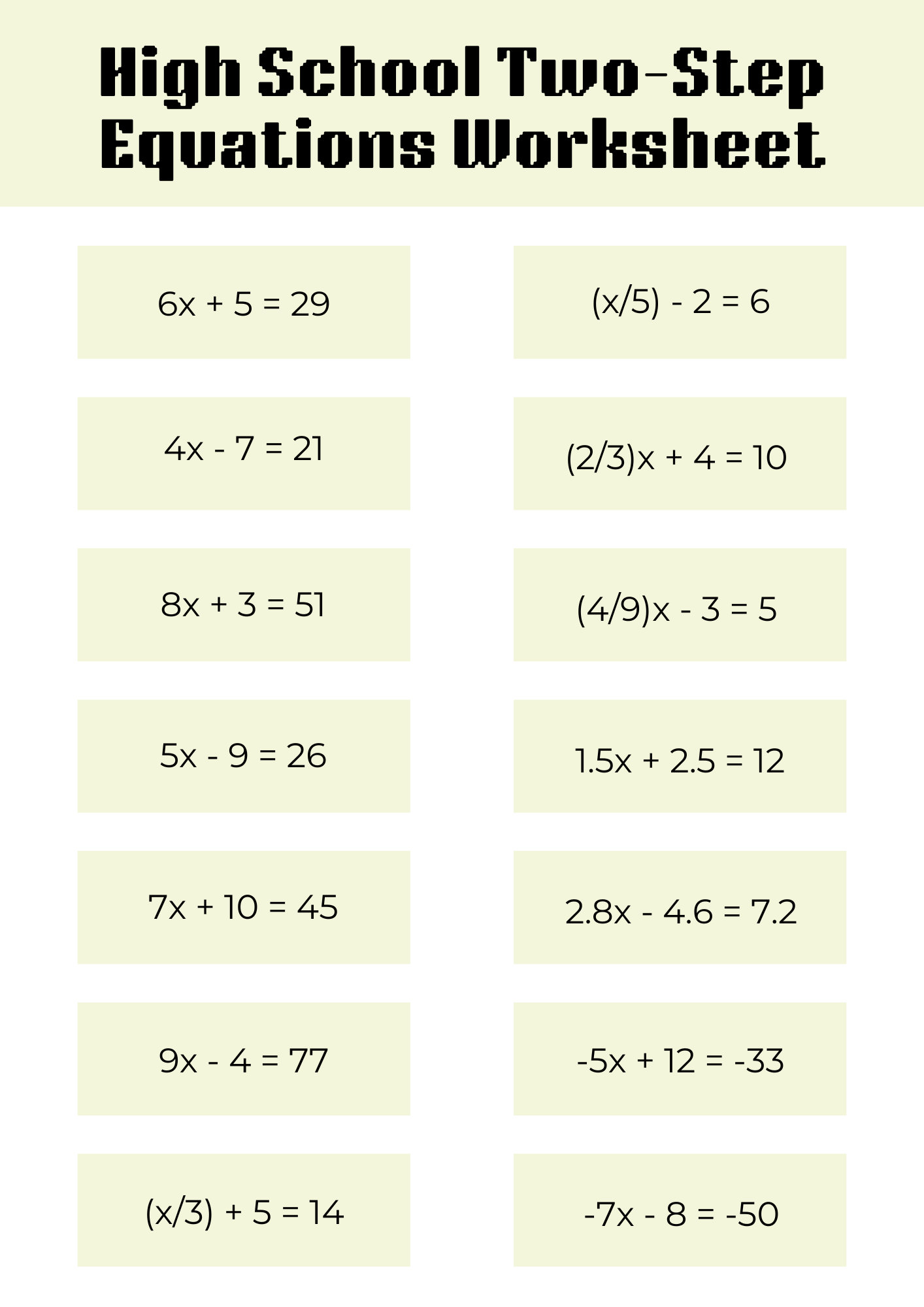 High School Two Step Equations Worksheet