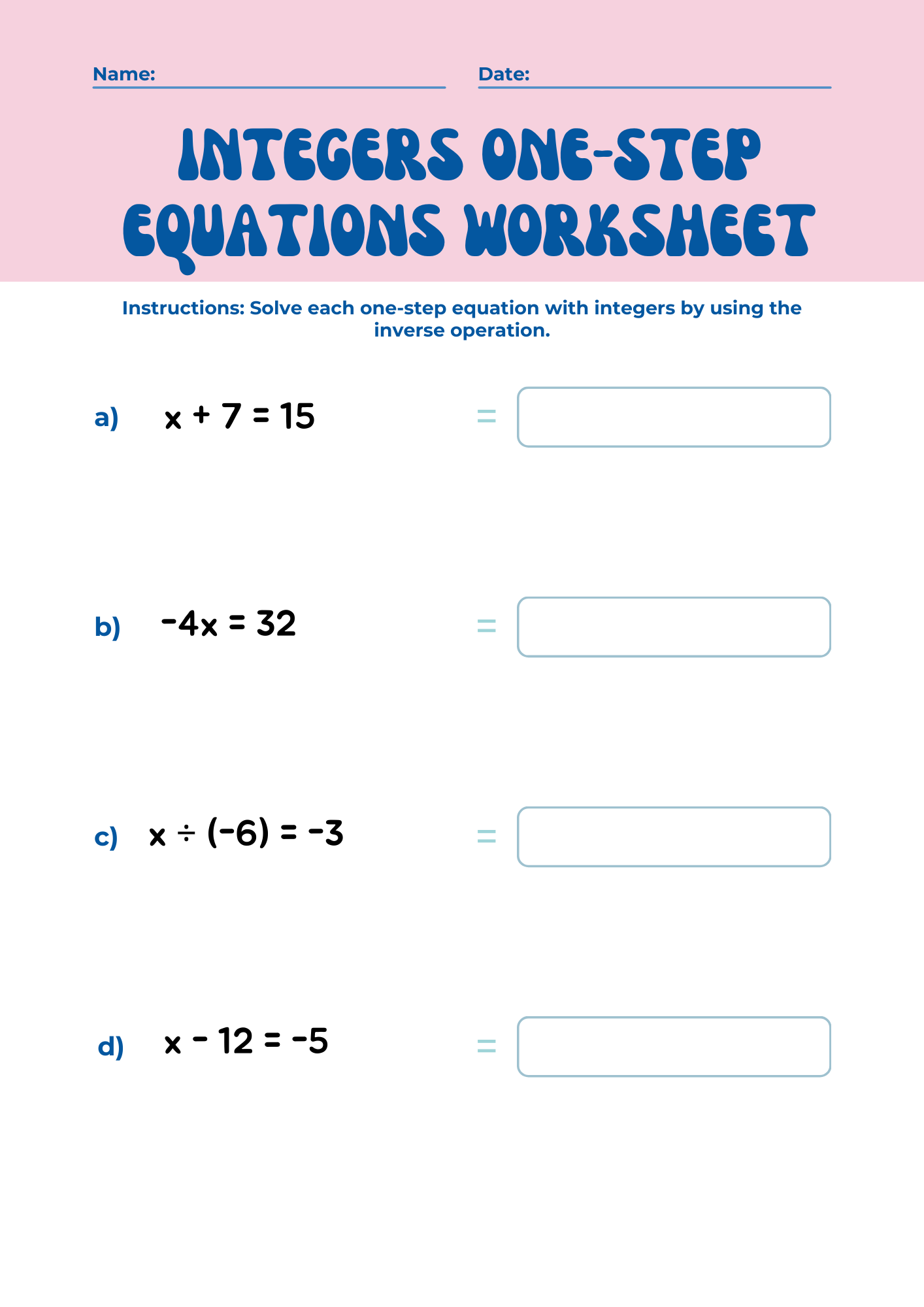 Integers One Step Equations Worksheet