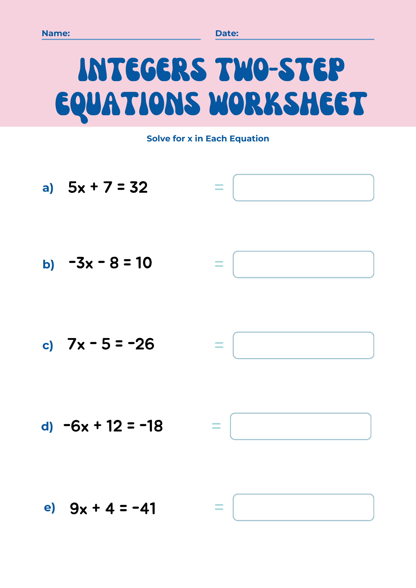 Integers Two Step Equations Worksheet