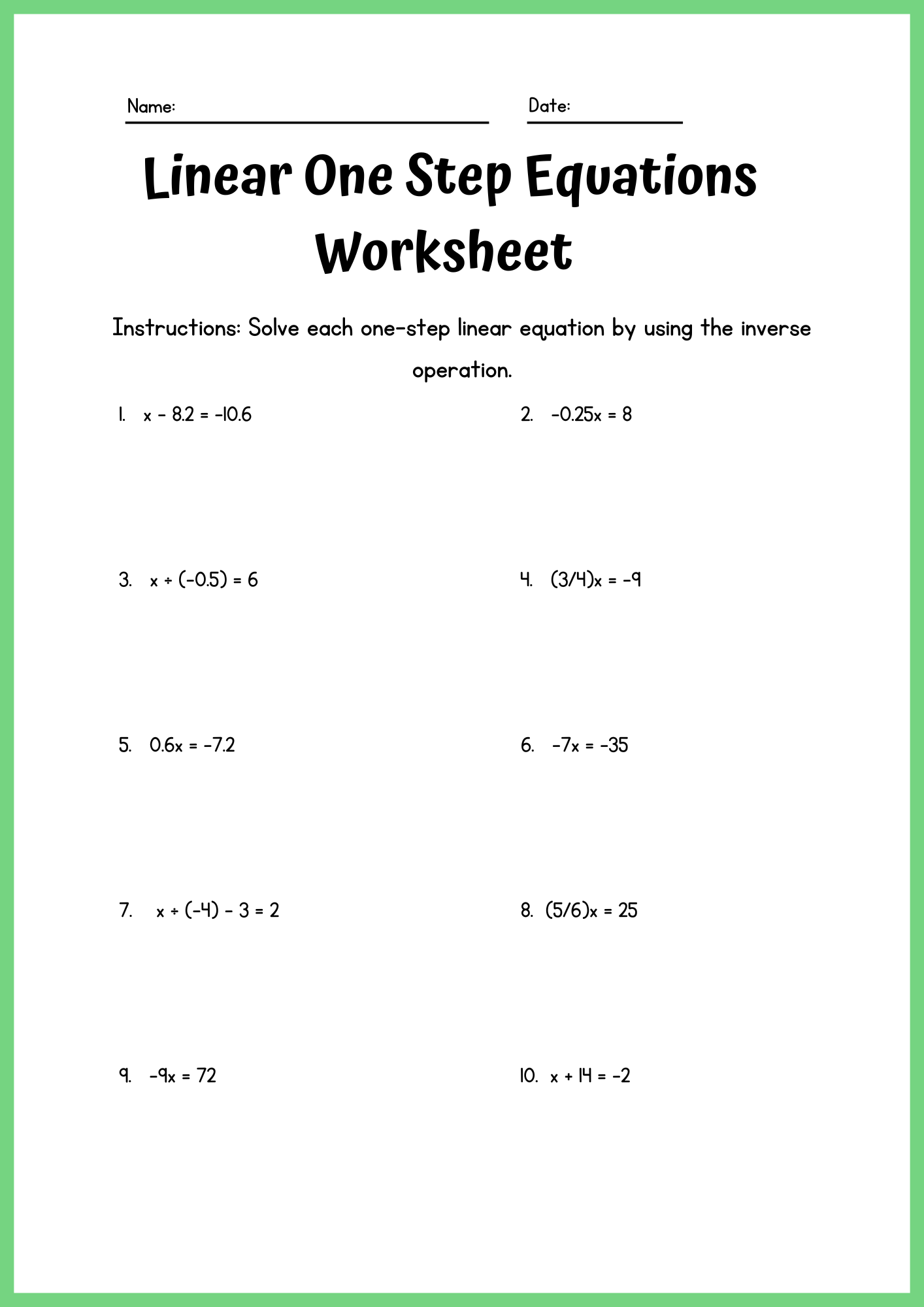 Linear One Step Equation Worksheet 