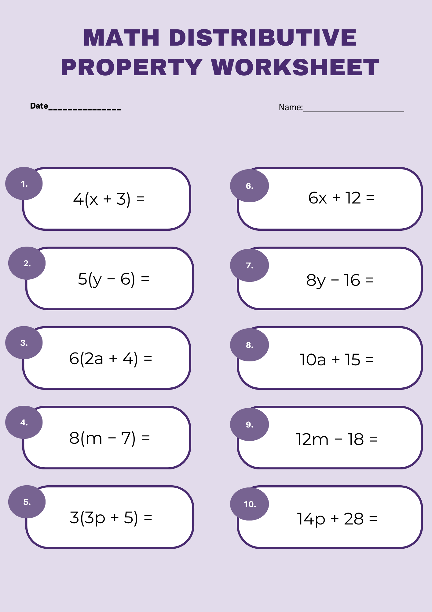 Math Distributive Property Worksheet