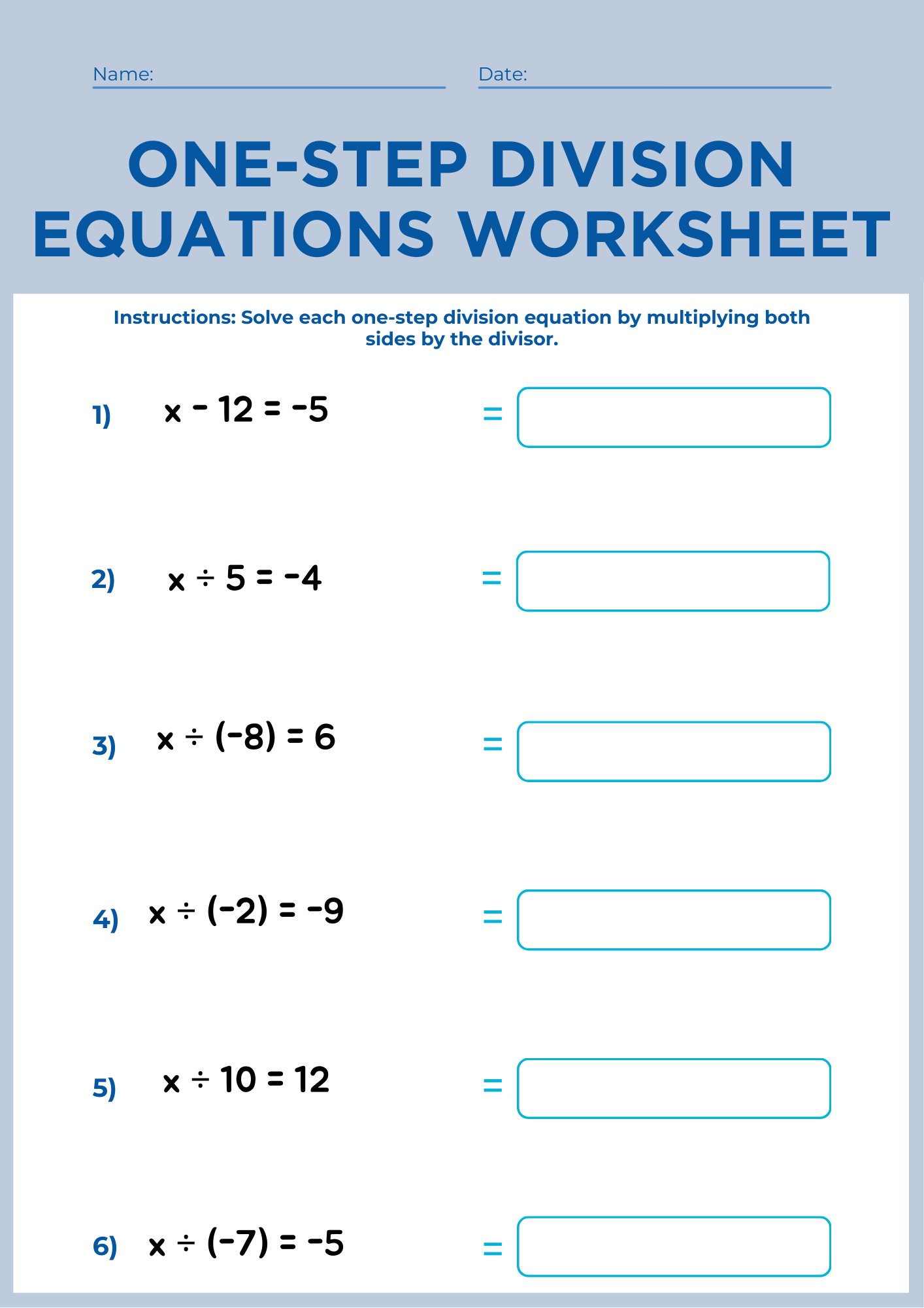 One Step Division Equations Worksheet